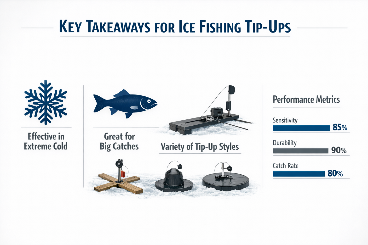 Key takeaways infographic for ice fishing tip-ups, featuring a minimalist design with 4-5 icons representing critical