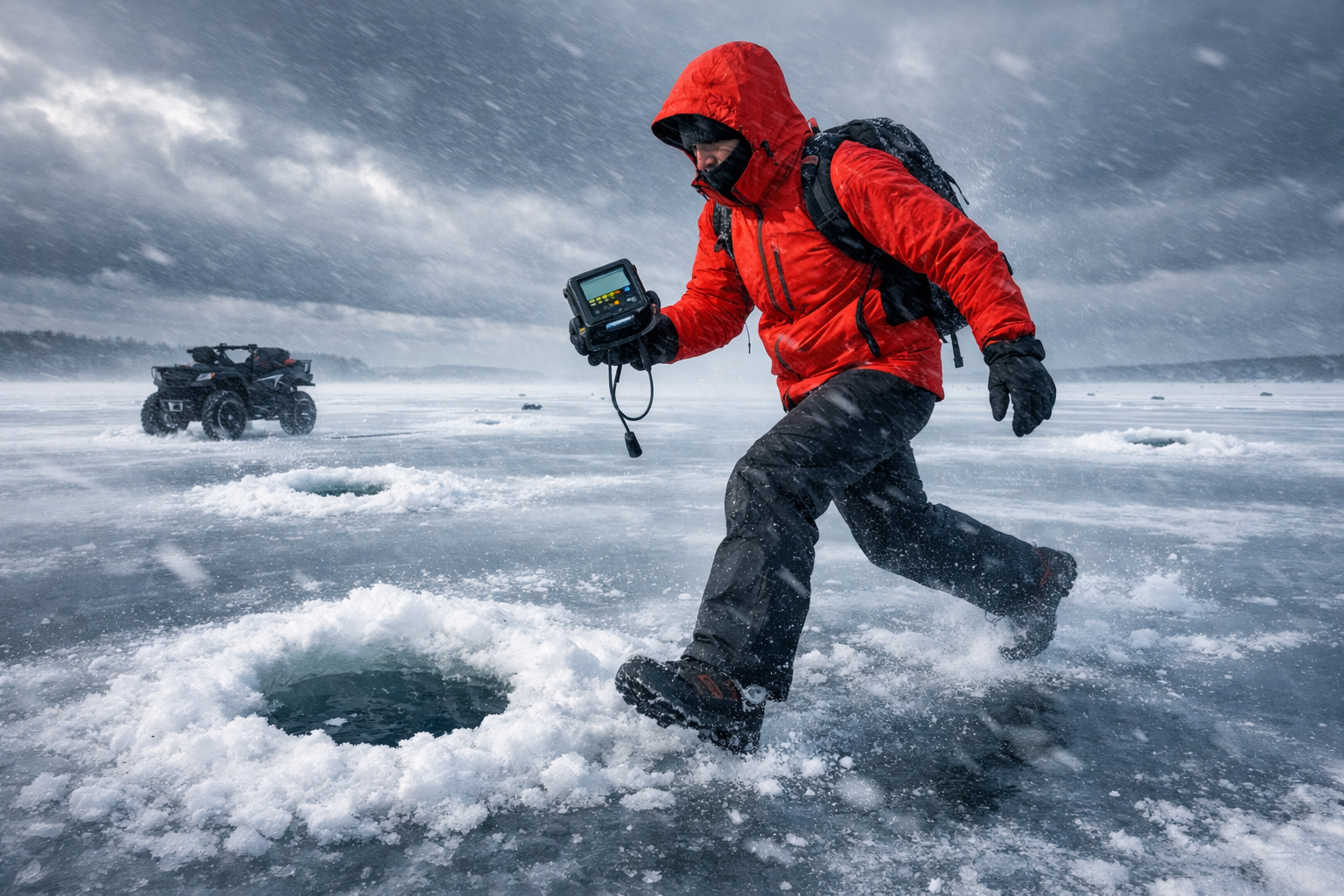 Landscape format (1536x1024) action photograph of an ice angler hole-hopping on a windswept frozen lake, mid-stride between two drilled ice 