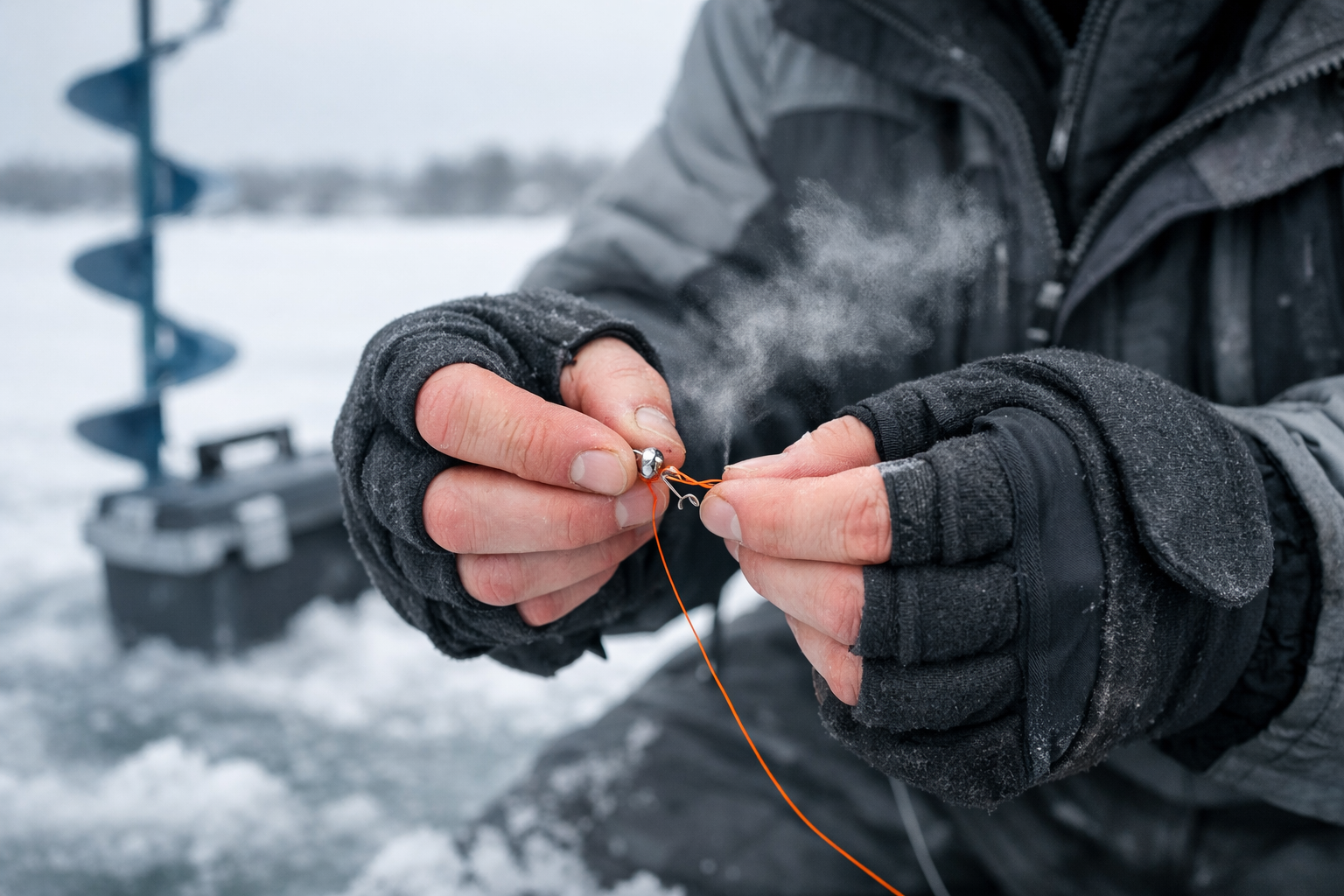Landscape format (1536x1024) action shot of an angler on a frozen lake tying a small jig knot with thin insulated gloves, fingers exposed fr