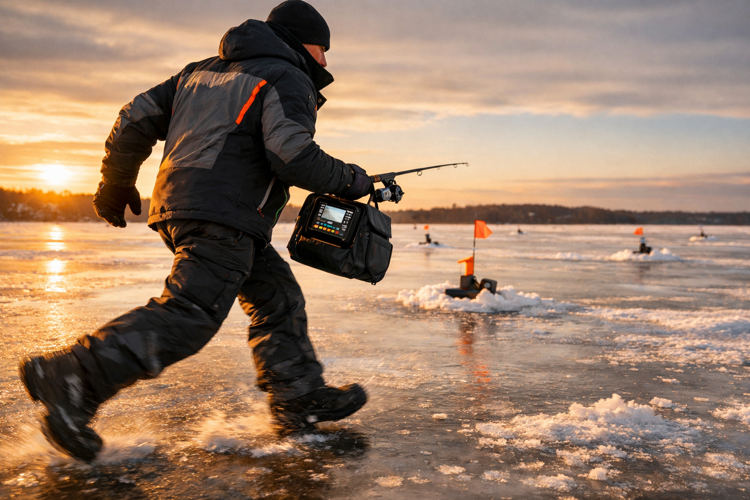 Landscape format (1536x1024) action shot of an ice angler mid-stride between ice fishing holes on a vast frozen lake, wearing a fitted techn