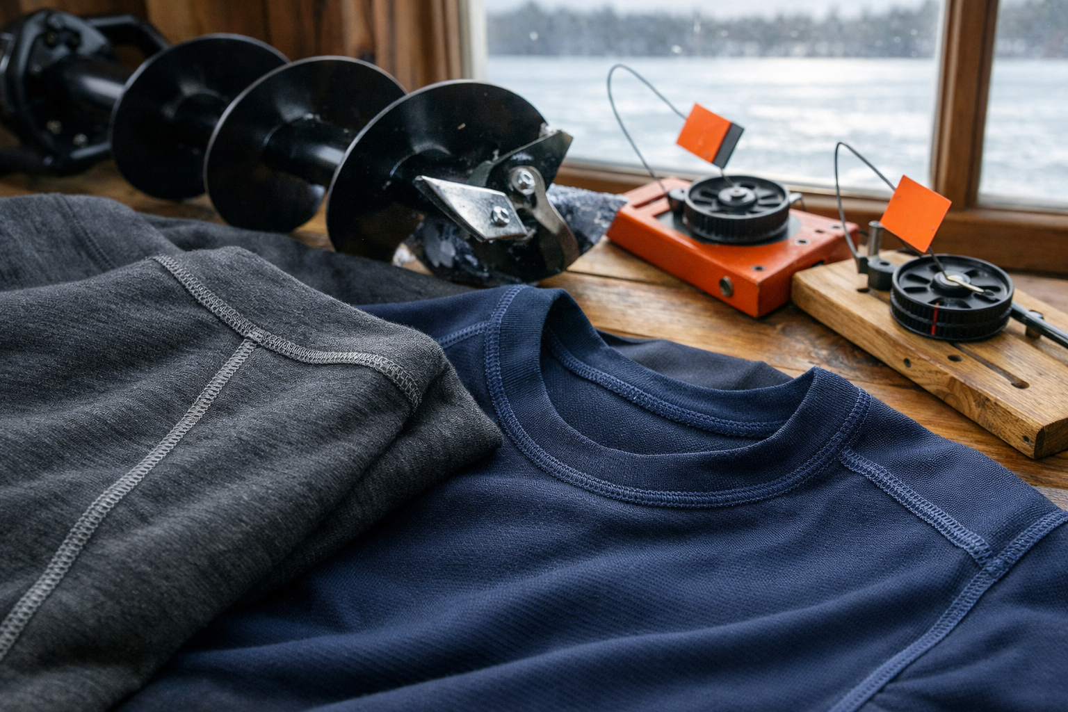 Landscape format (1536x1024) close-up editorial photograph of merino wool and synthetic base layer garments laid flat on a wooden surface be