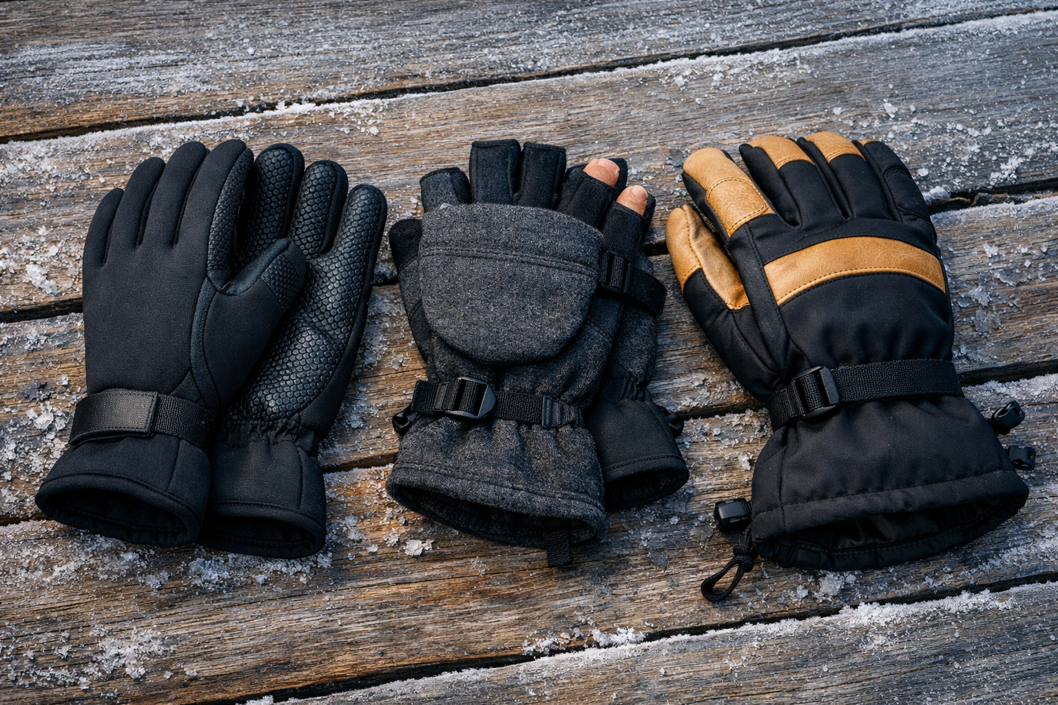 Landscape format (1536x1024) close-up product photography style image showing three different styles of ice fishing gloves laid out on a woo