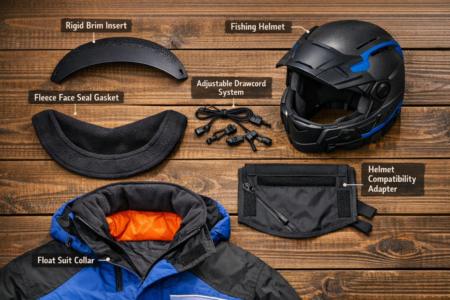 Landscape format (1536x1024) detailed flat-lay gear photo on wooden table showing ice fishing jacket hood components disassembled: rigid pla