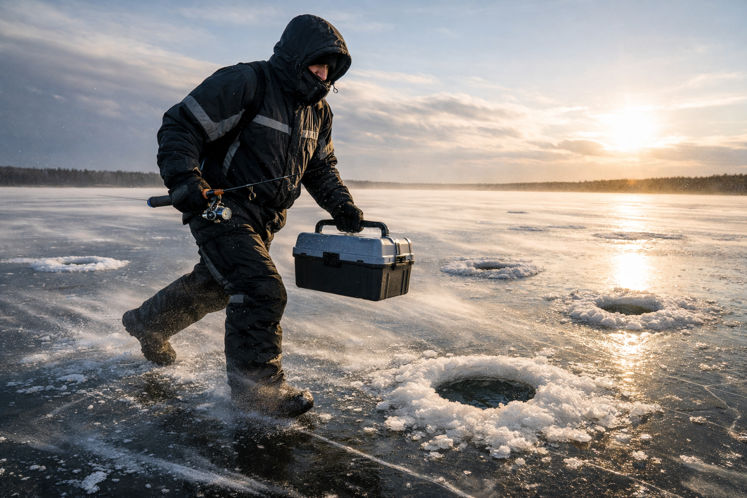 Landscape format (1536x1024) editorial action photo of an ice angler hole-hopping across exposed early season ice, wearing a windproof hoode