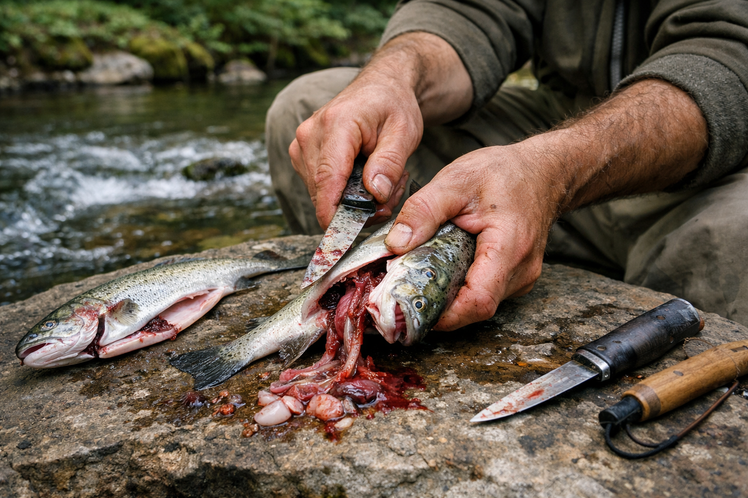Landscape format (1536x1024) editorial image showing a close-up of an angler's hands gutting and cleaning a freshly caught fish on a flat ro