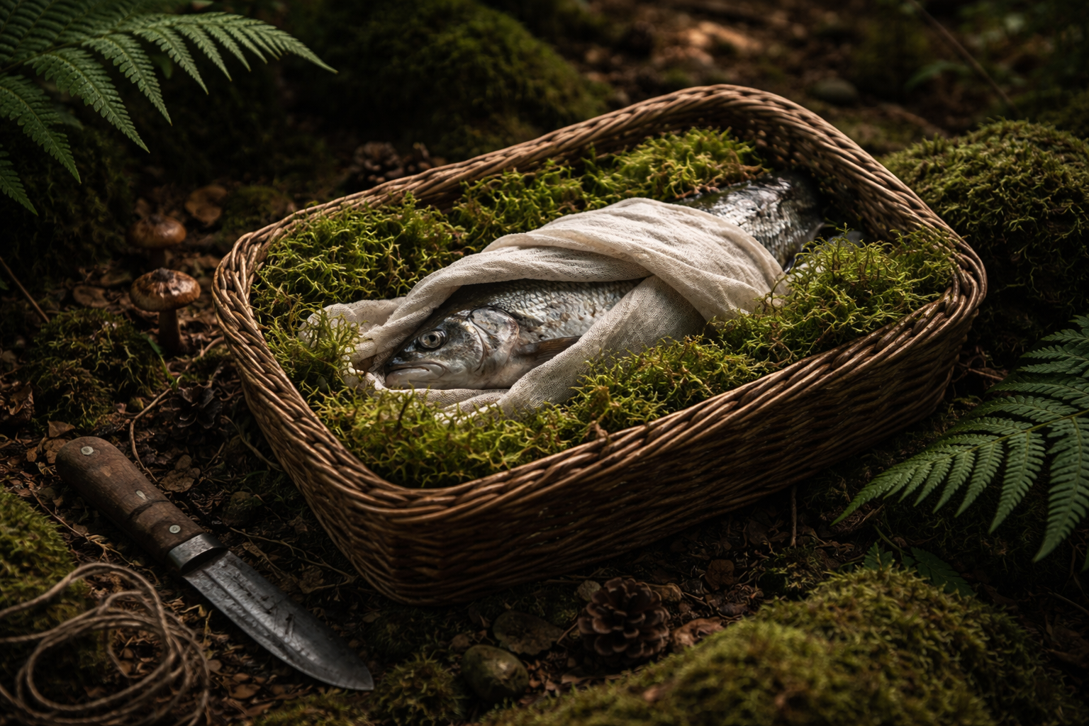 Landscape format (1536x1024) editorial image showing a rustic outdoor scene with a fish carefully wrapped in damp cloth and packed in green 