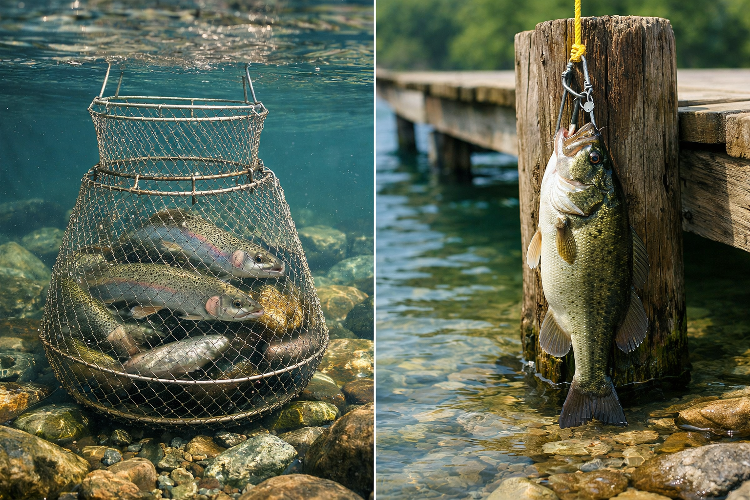 Landscape format (1536x1024) editorial image showing a split composition: on the left a wire fish basket submerged in clear river water with