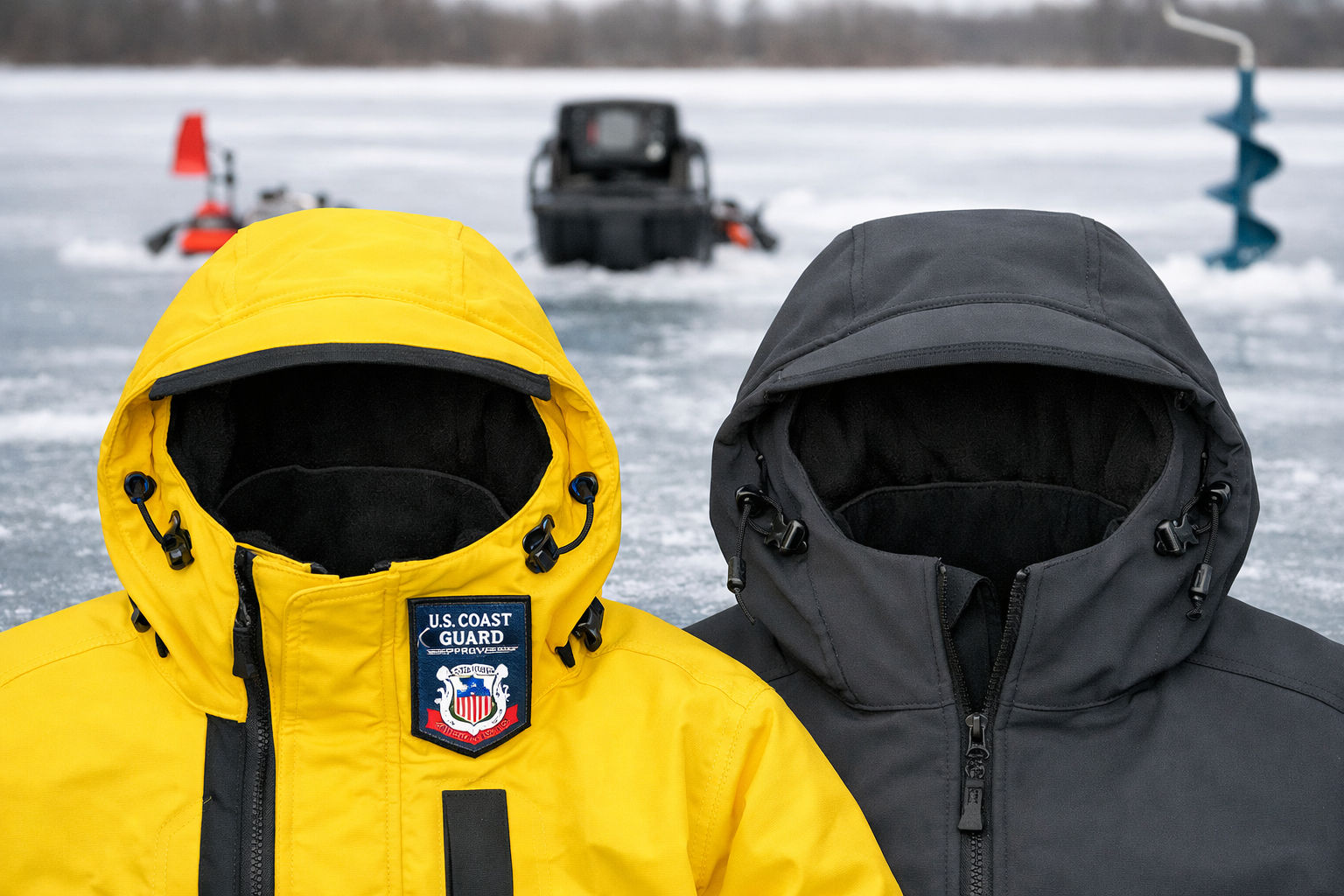 Landscape format (1536x1024) editorial photo showing a close-up comparison of two hooded ice fishing jackets laid flat on ice, one flotation
