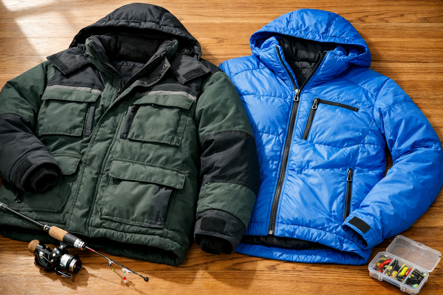Landscape format (1536x1024) editorial photograph showing a close-up comparison of two ice fishing jackets laid flat on a wooden surface, on