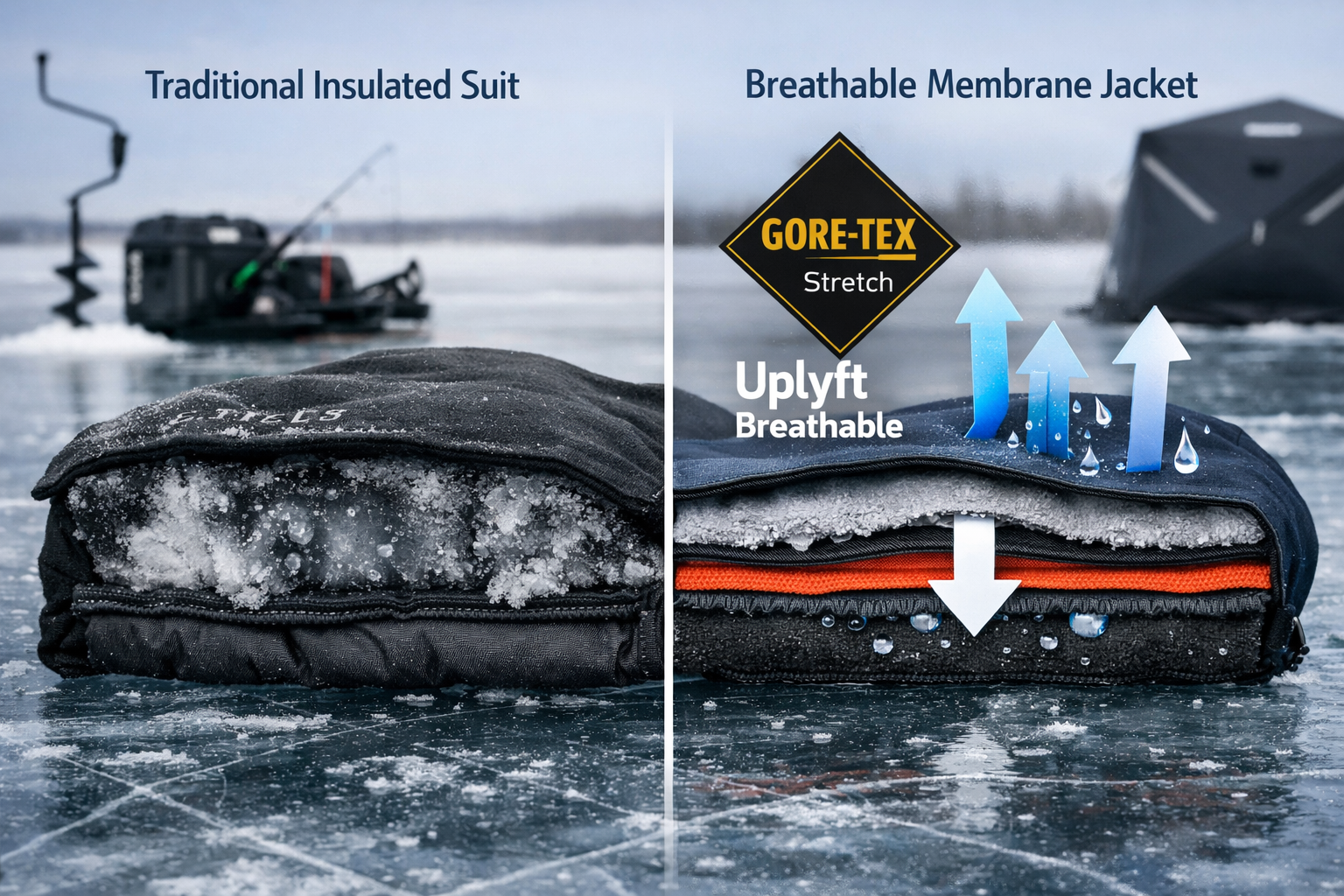 Landscape format (1536x1024) editorial photograph showing a close-up cross-section comparison of two jacket fabrics side by side on a frozen