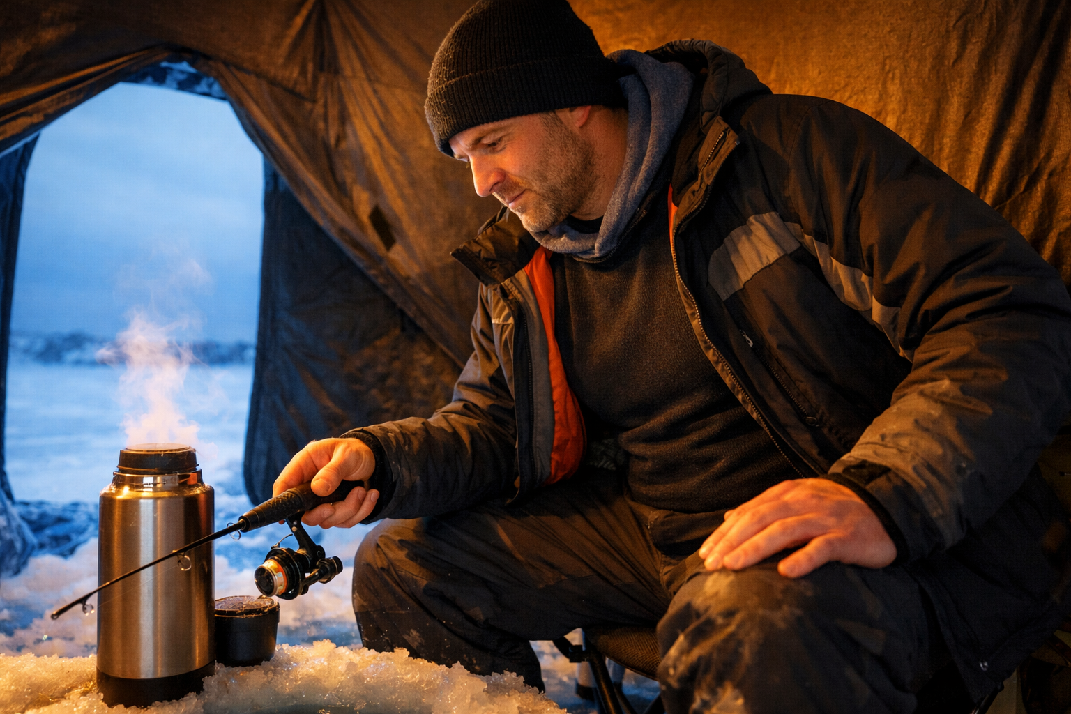 Landscape format (1536x1024) editorial photograph showing an ice angler inside a portable ice shelter actively jigging through an ice hole, 