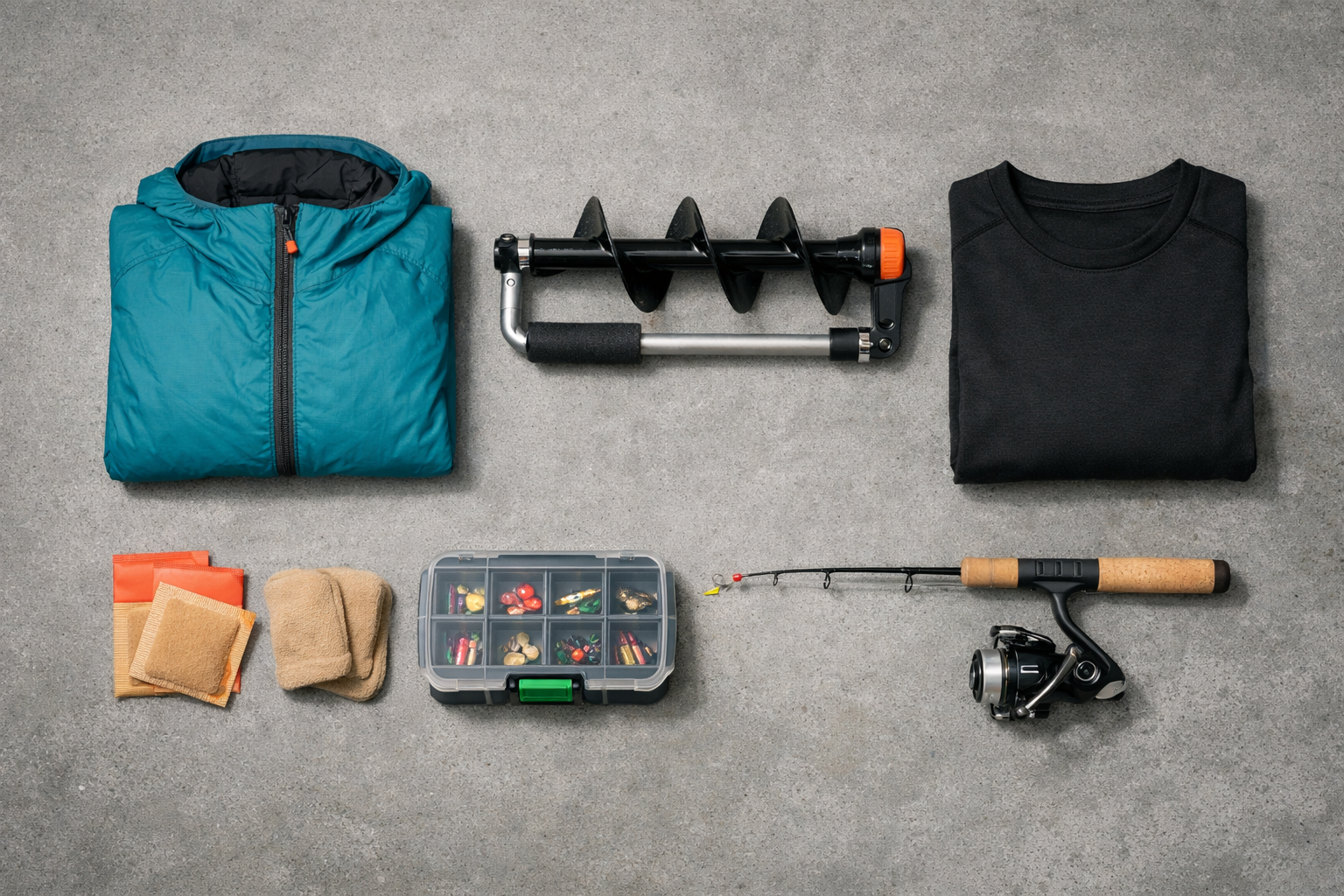 Landscape format (1536x1024) editorial style flat-lay photograph of complete mobile ice fishing gear loadout arranged neatly on a grey concr