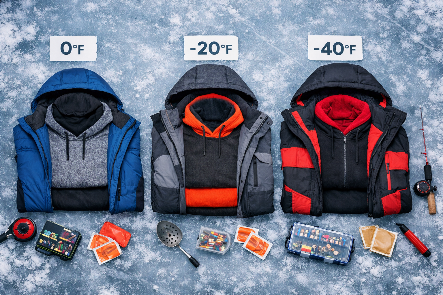Landscape format (1536x1024) flat-lay comparison photograph of three different ice fishing layering systems arranged side by side on a froze