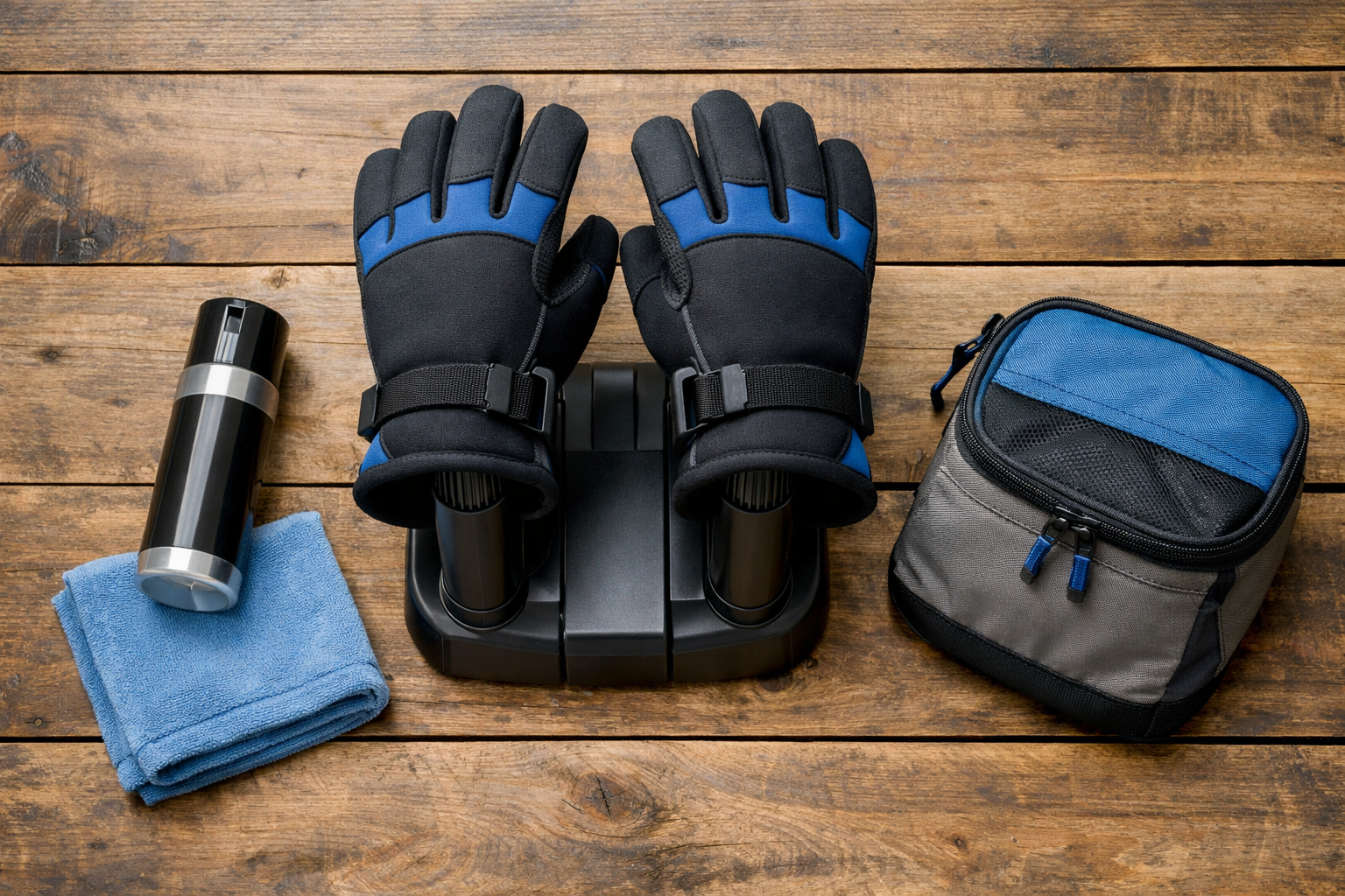 Landscape format (1536x1024) overhead flat-lay image of ice fishing glove care and maintenance setup: a pair of neoprene gloves drying on a 