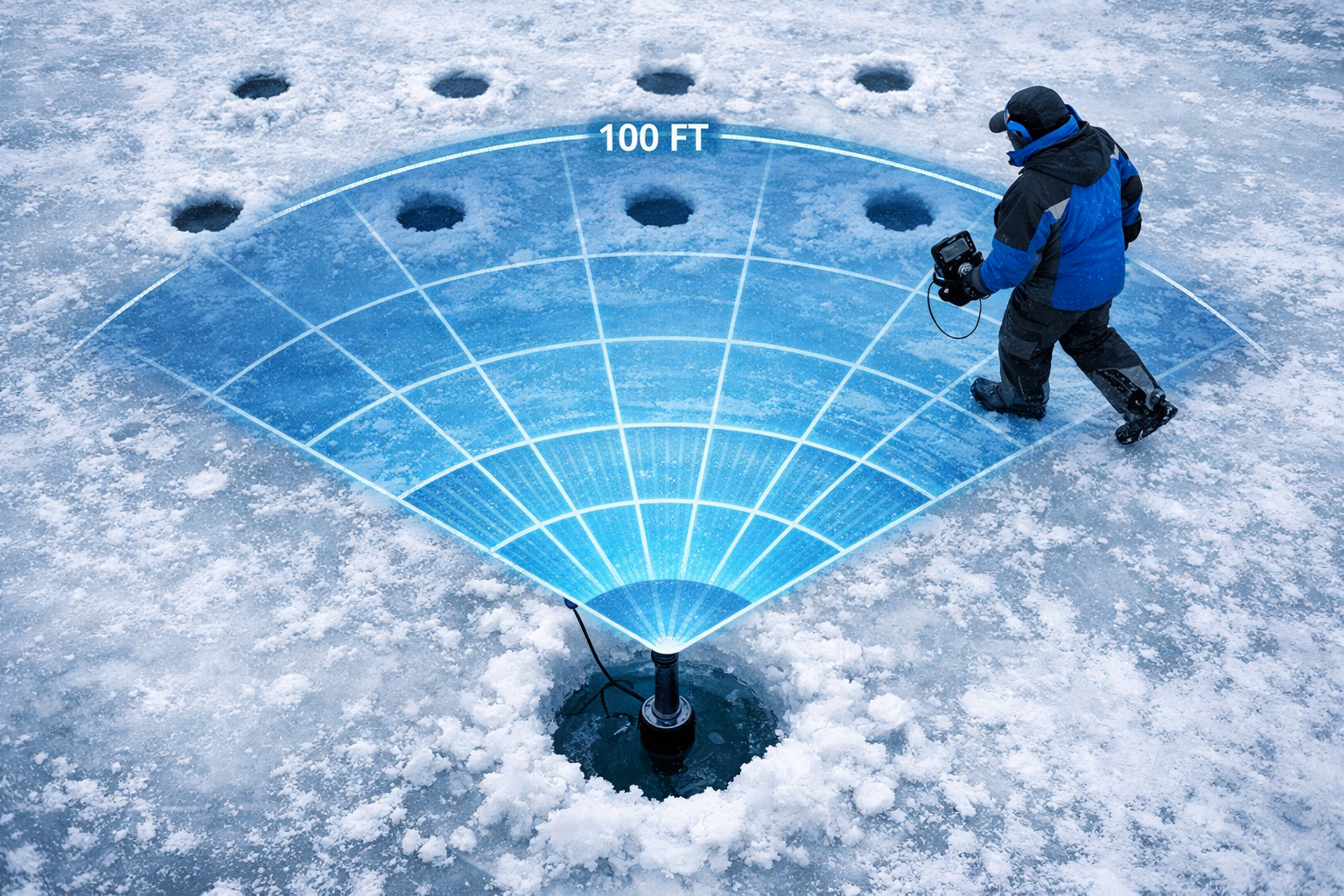 Overhead aerial perspective of frozen lake surface with multiple ice fishing holes drilled in a grid pattern, angler moving