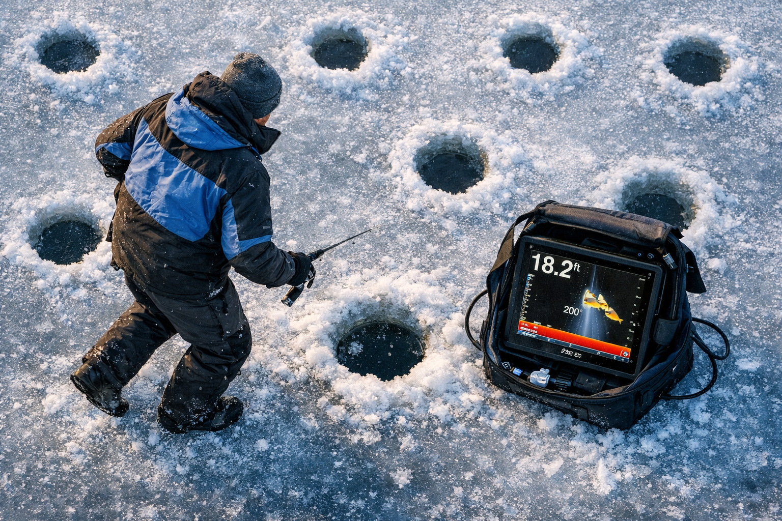 Overhead bird's-eye view of an ice angler actively hole-hopping across a frozen basin lake, multiple drilled holes visible