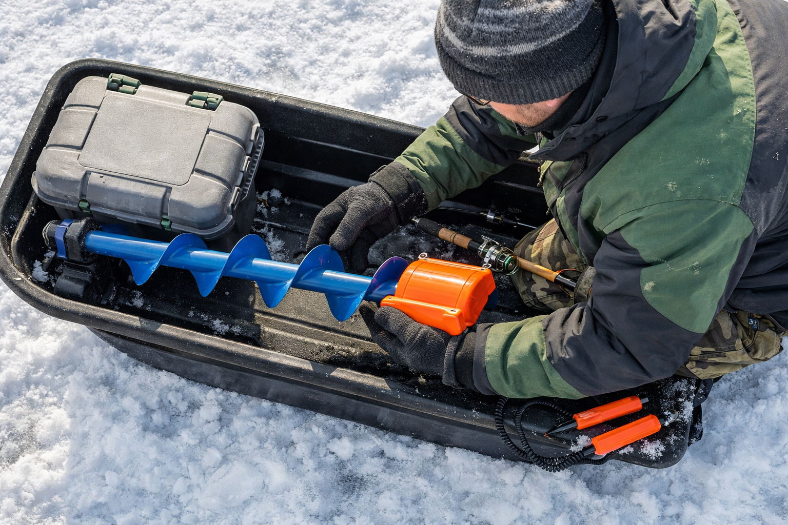 Overhead bird's-eye view () showing an ice angler on a frozen lake properly storing an 8-inch auger with blade guard