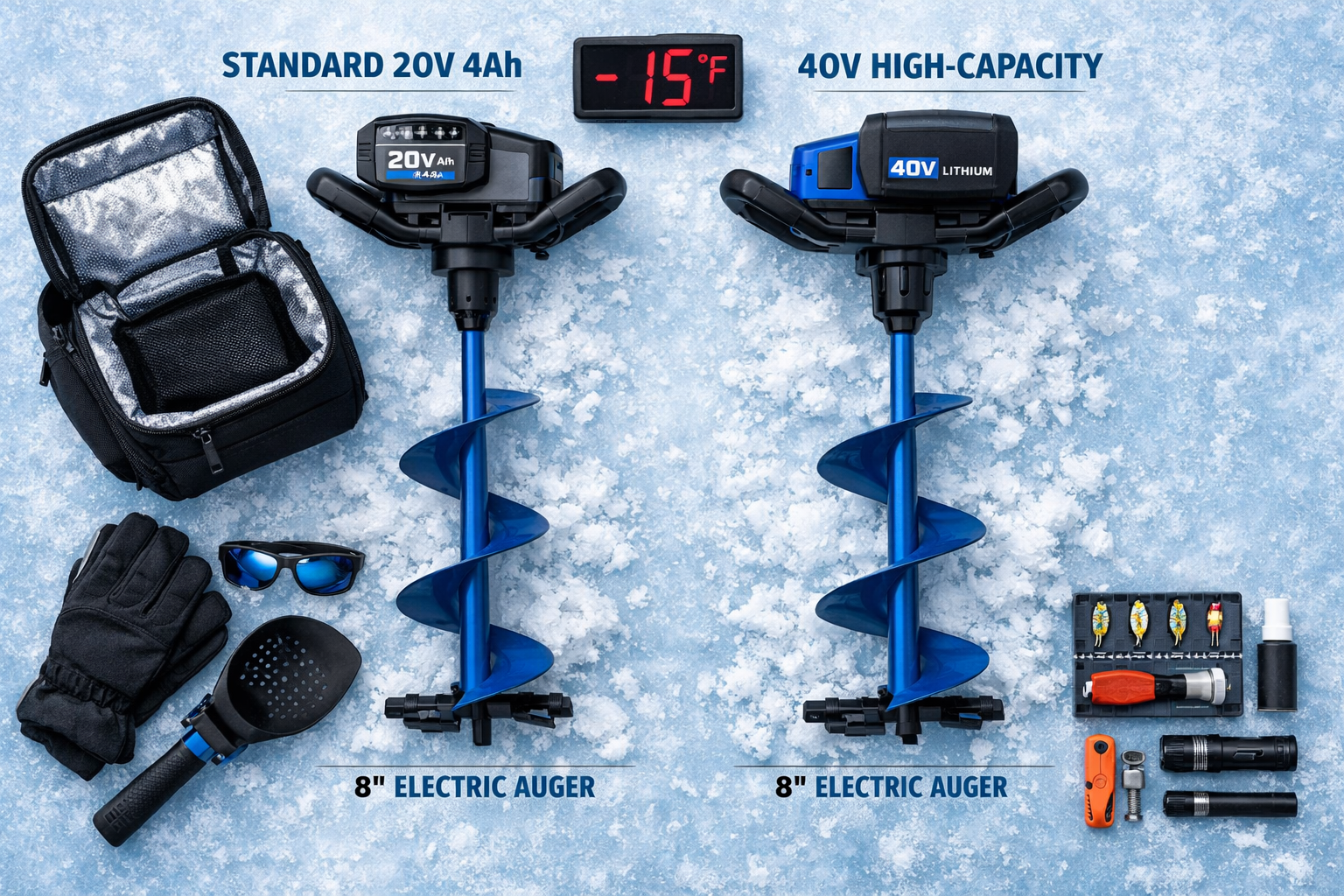 Don’t Let Your Battery Die! Maximizing Battery Life in Sub-Zero Temps | 2026 Survival Guide for 8-Inch Electric Augers | Fish On Yak Overhead flat-lay comparison layout on ice surface showing two 8-inch electric auger battery setups side by side: a standard