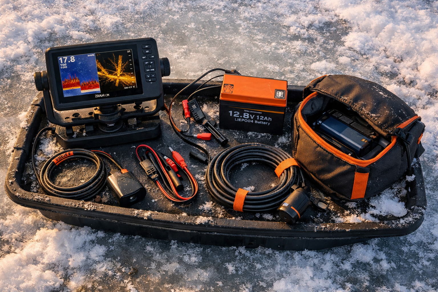 Overhead wide-angle shot of an ice angler's portable sled setup on a frozen lake, showing a Garmin ECHOMAP 73cv mounted on a