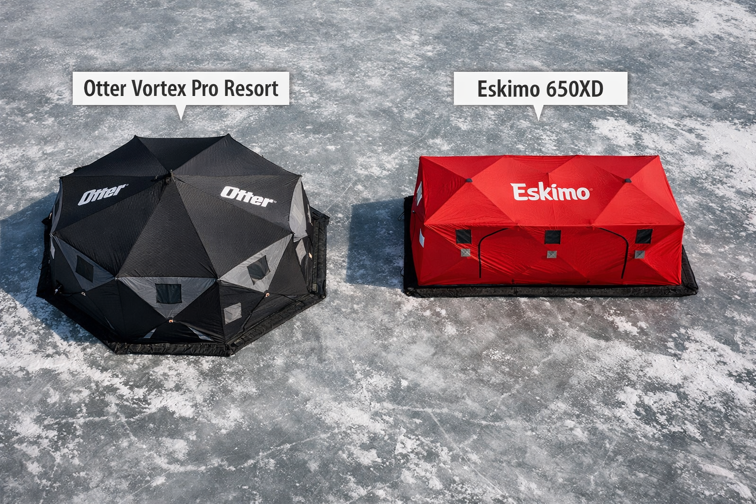 Photorealistic, high-resolution photography, Detailed comparison scene showing both the Otter Vortex Pro Resort and Eskimo