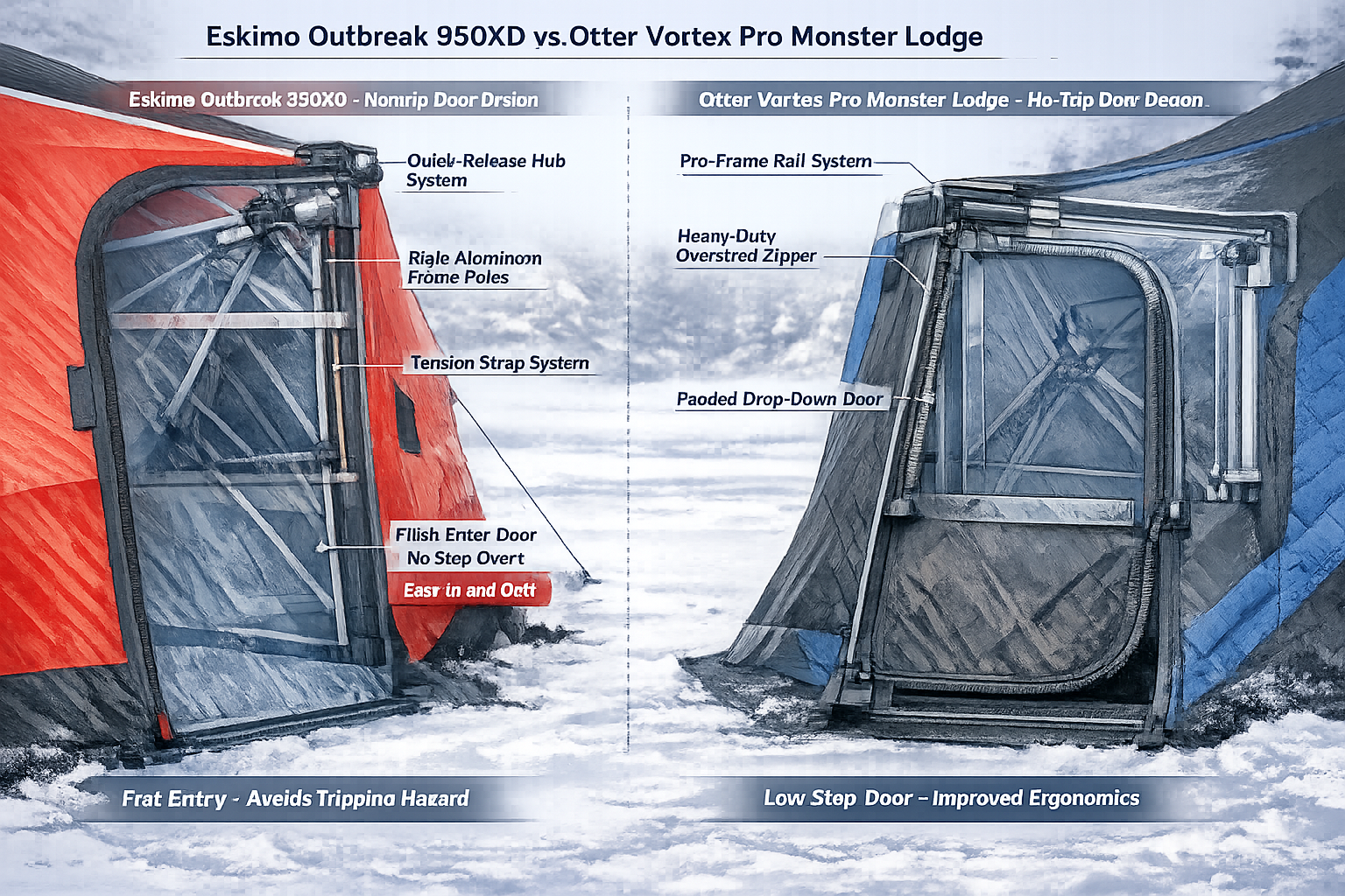 Photorealistic, high-resolution photography, No-trip door design comparison visual, exploded technical diagram showing door