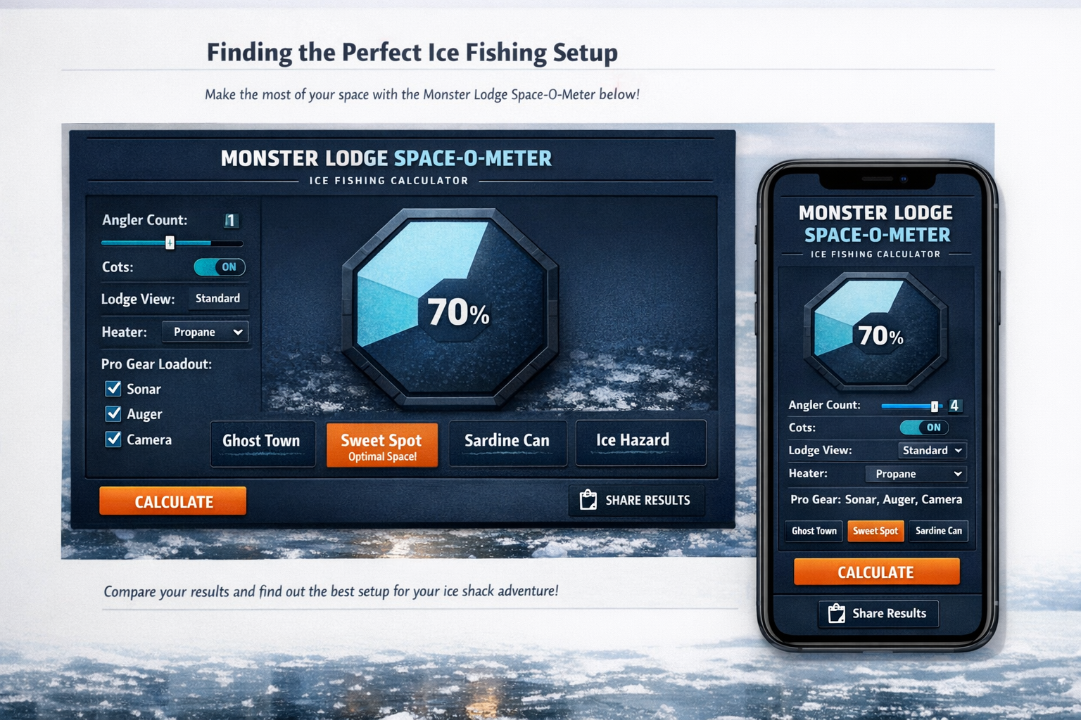 Photorealistic, high-resolution photography, UX-focused mockup of a rugged ice fishing calculator embedded in a blog page,
