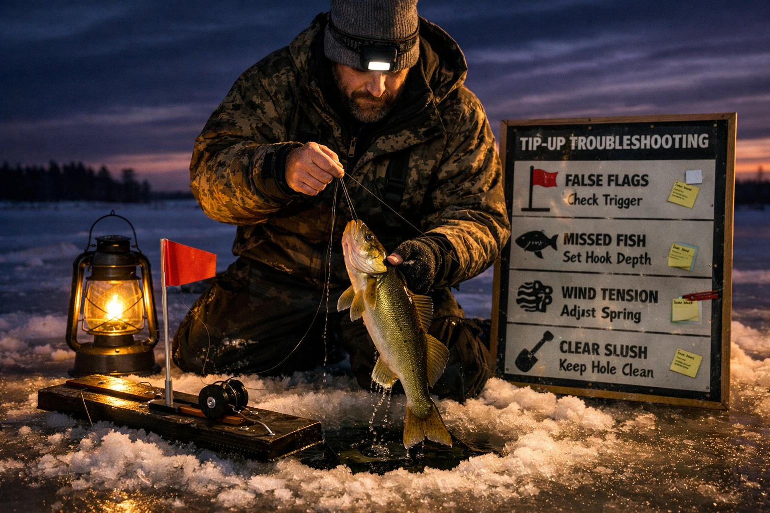 Photorealistic, high-resolution photography, evening low-light setup with glowing lantern and popped flag, angler kneels