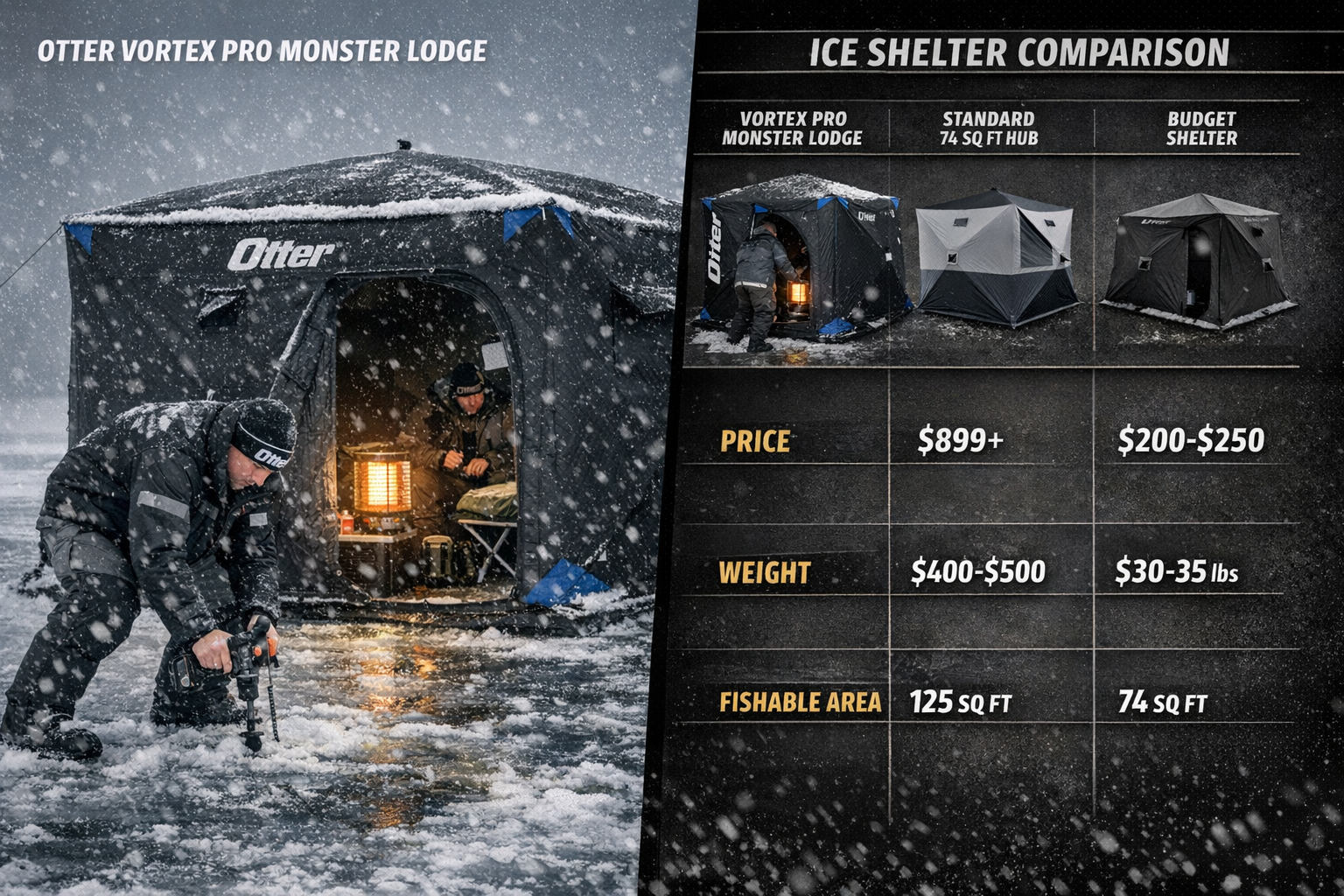 Photorealistic, high-resolution photography, field-test scene on open ice with the otter vortex pro monster lodge thermal