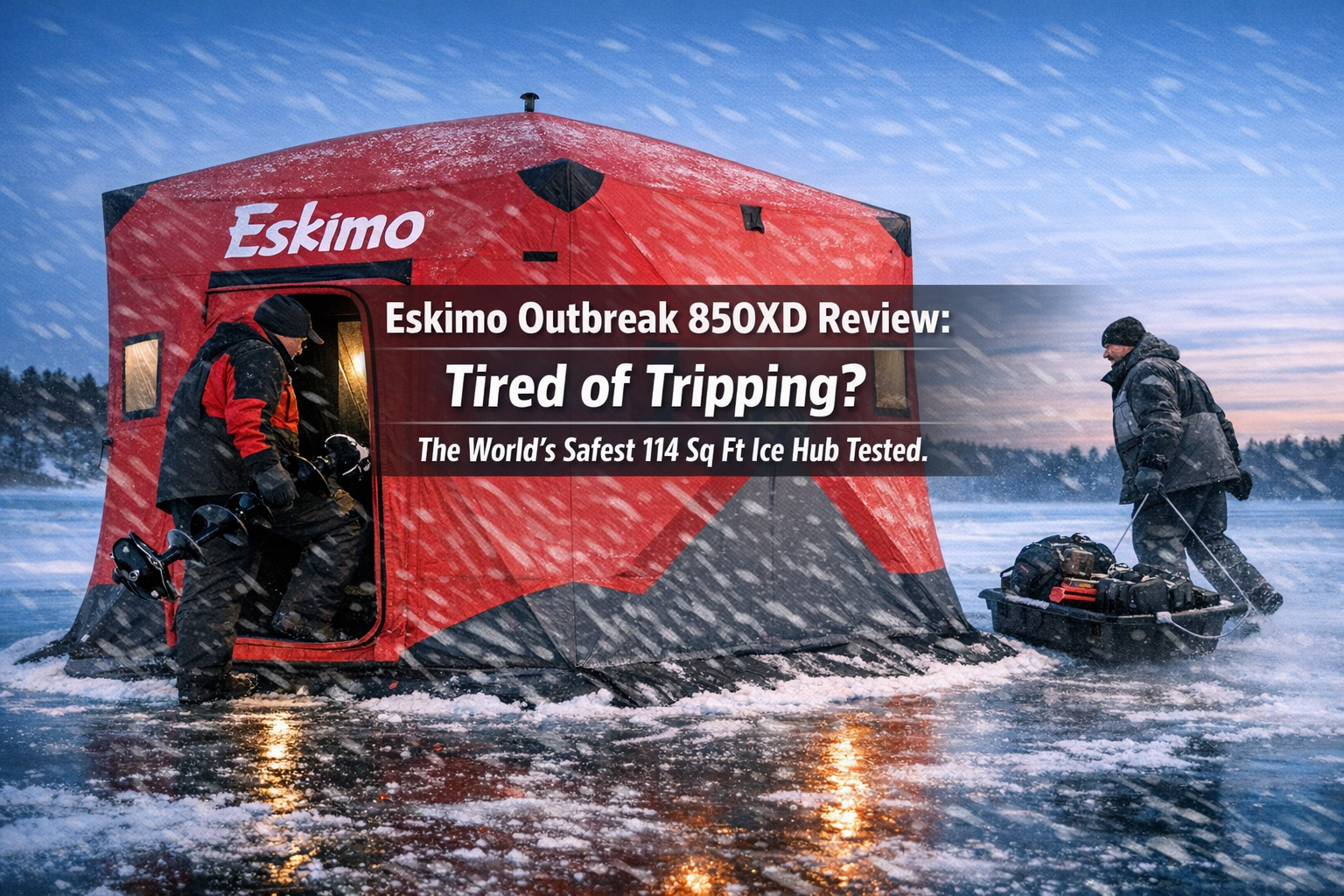 Photorealistic, high-resolution photography, frozen lake at blue hour with an Eskimo Outbreak 850XD insulated hub shelter