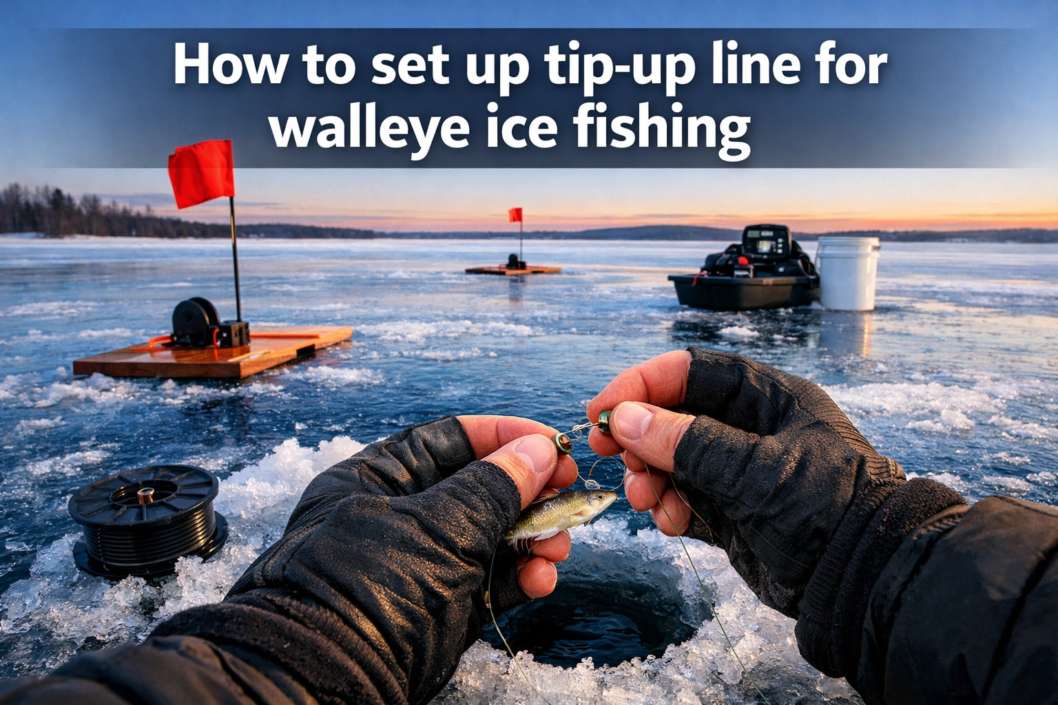 Photorealistic, high-resolution photography, frozen lake at first light with three tip-ups spread along a breakline, one red