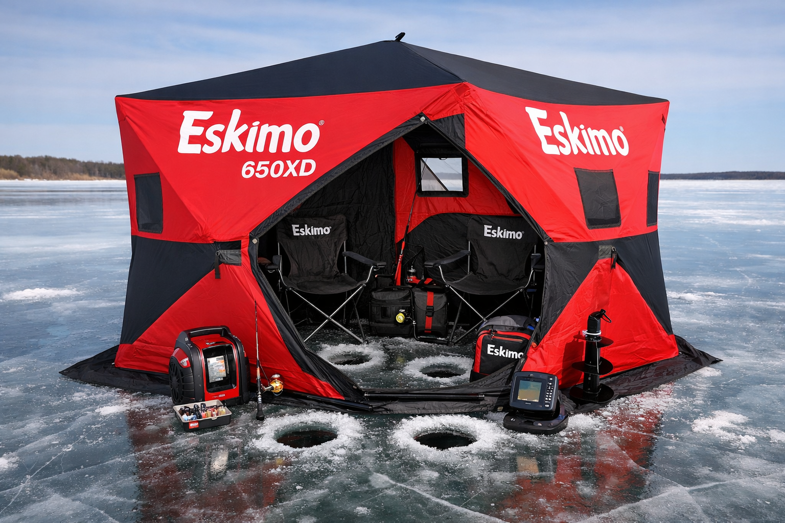 Photorealistic, high-resolution photography, highlighting its six-sided wide-bottom design, bright red and black fabric, and