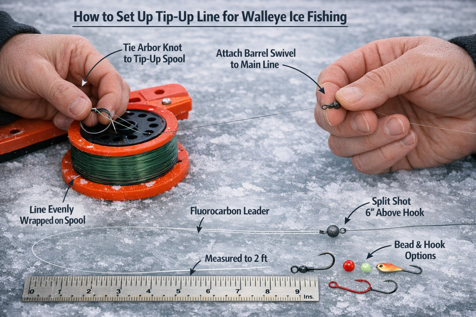 Photorealistic, high-resolution photography, side angle close-up of hands tying arbor knot to tip-up spool and then