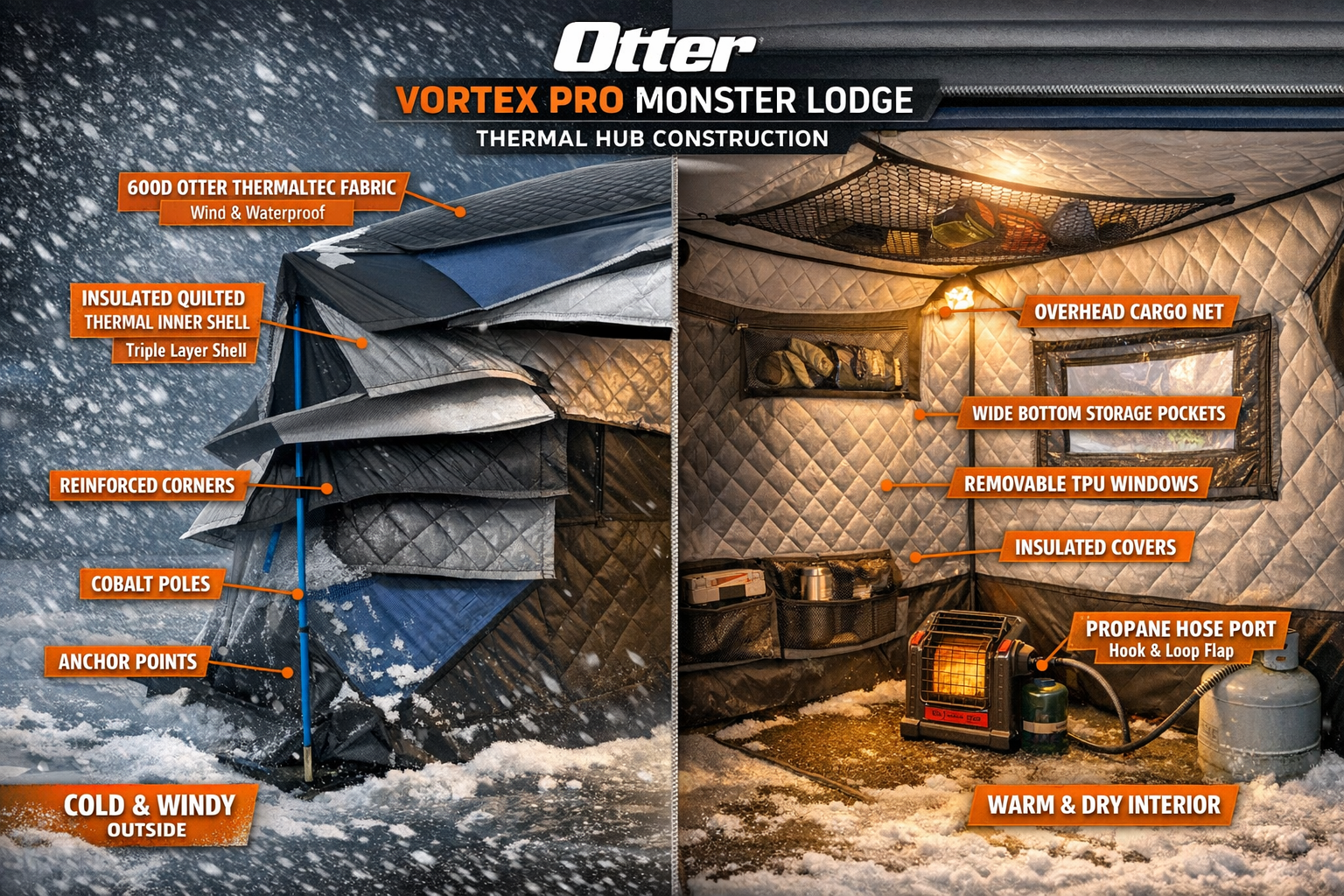 Photorealistic, high-resolution photography, technical cutaway illustration of the otter vortex pro monster lodge thermal