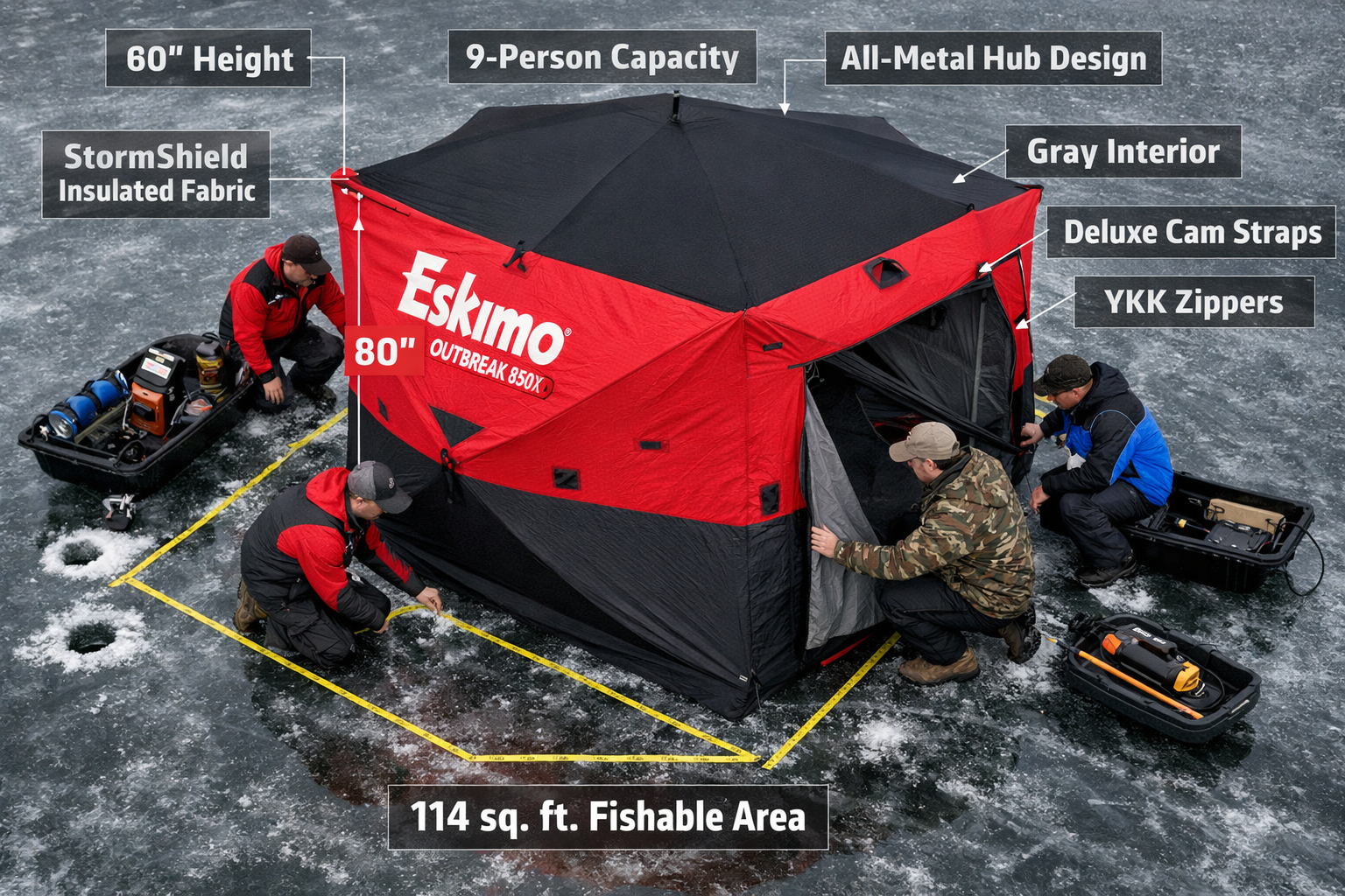 Photorealistic, high-resolution photography, top-down three-quarter view of the shelter on clean lake ice with measuring