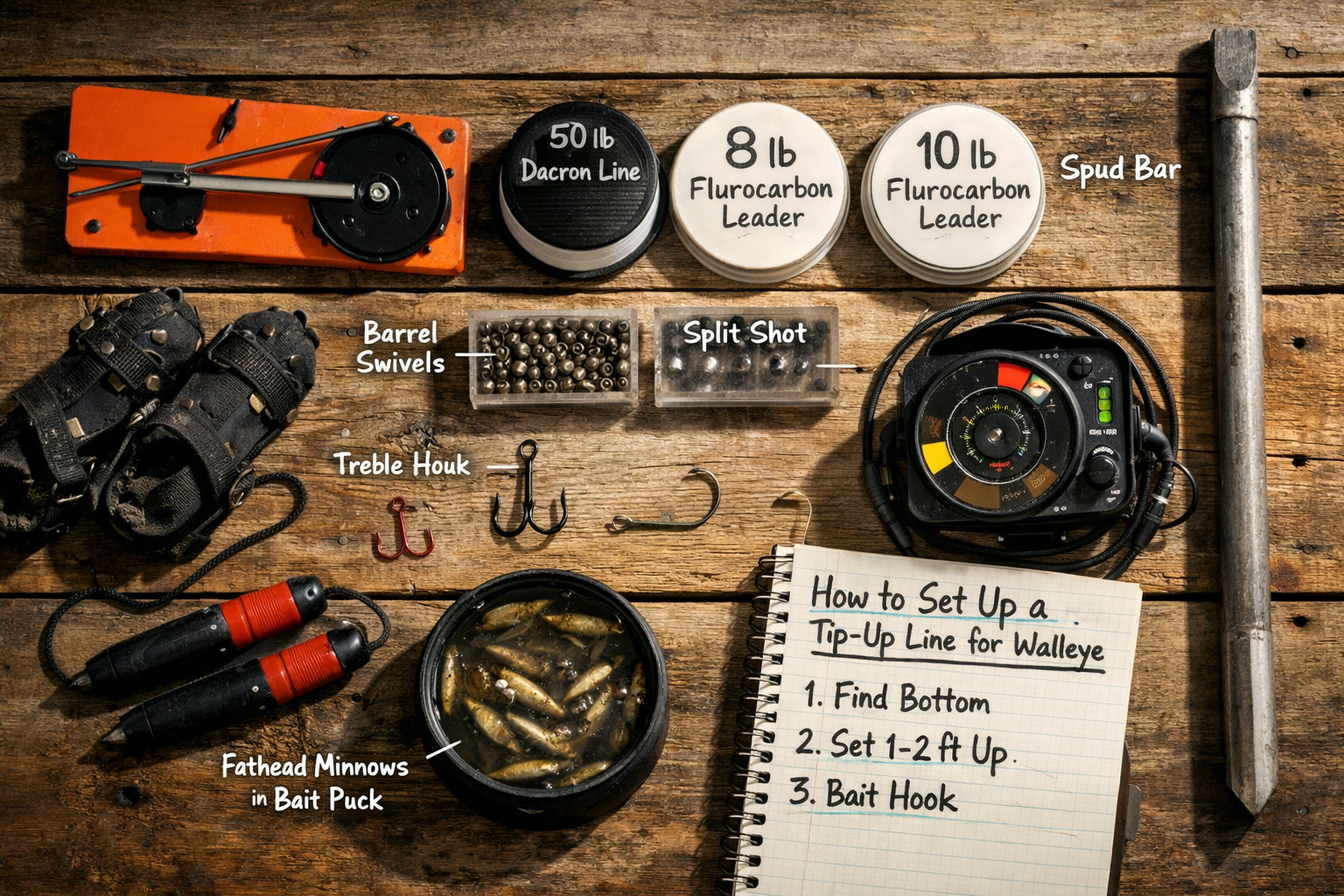 Photorealistic, high-resolution photography, top-down workbench composition inside a garage or fish house, neatly arranged