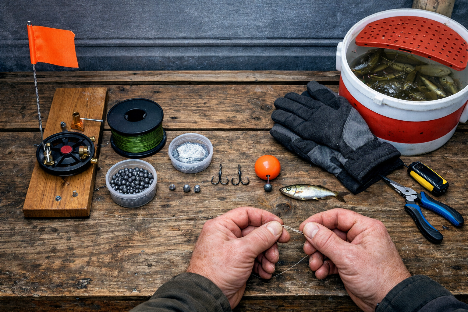 Professional , close overhead editorial photo of a workbench inside an ice shack showing components for a Diy ice fishing