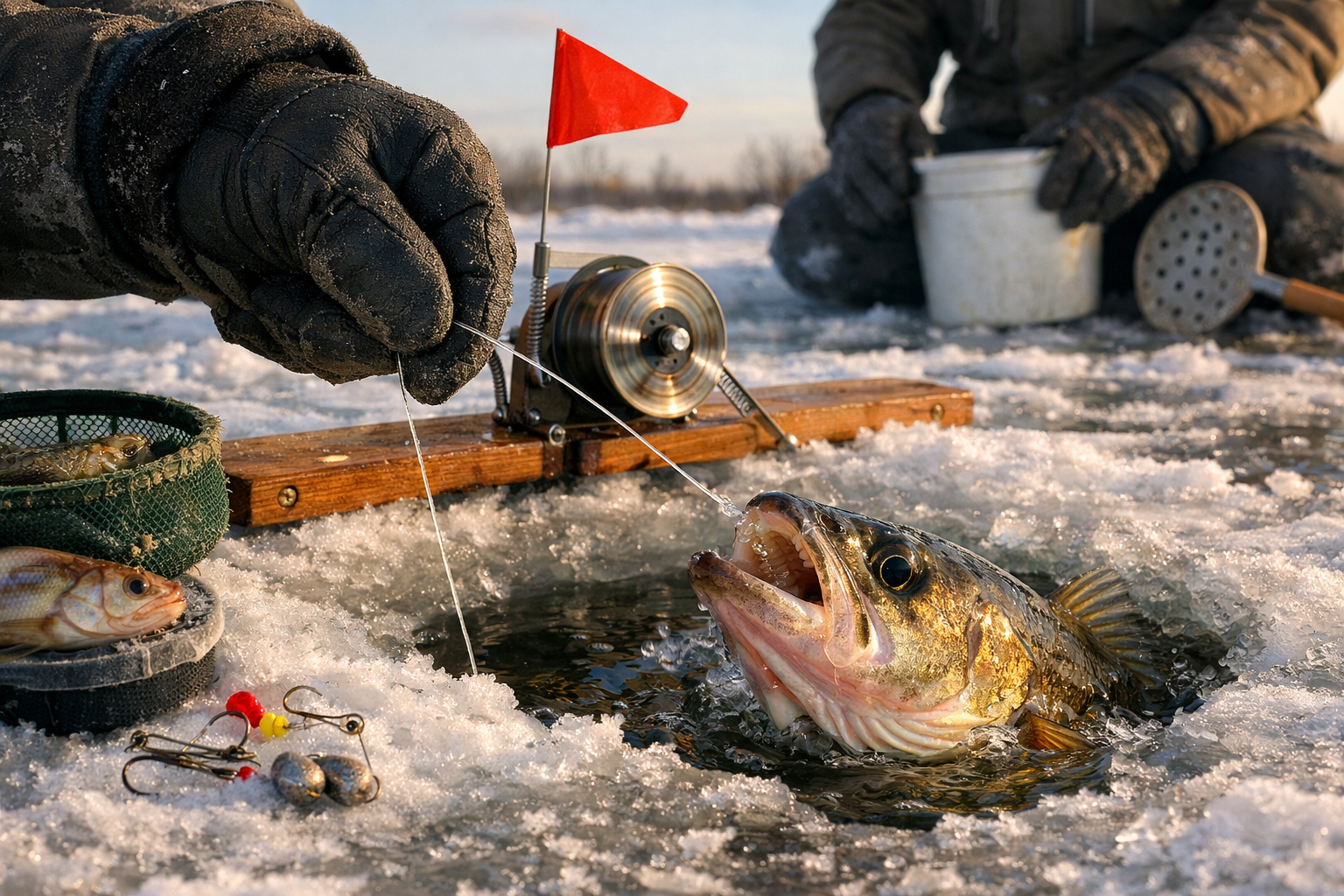 Professional , intimate action scene at ice level as an angler in insulated gloves hand-lines a hooked walleye from a