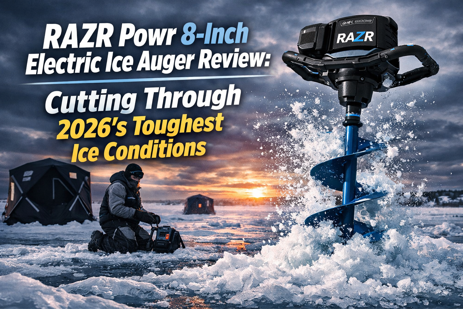 Professional landscape hero image () with : "RAZR Powr 8-Inch Electric Ice Auger Review: Cutting Through 2026's Toughest Ice