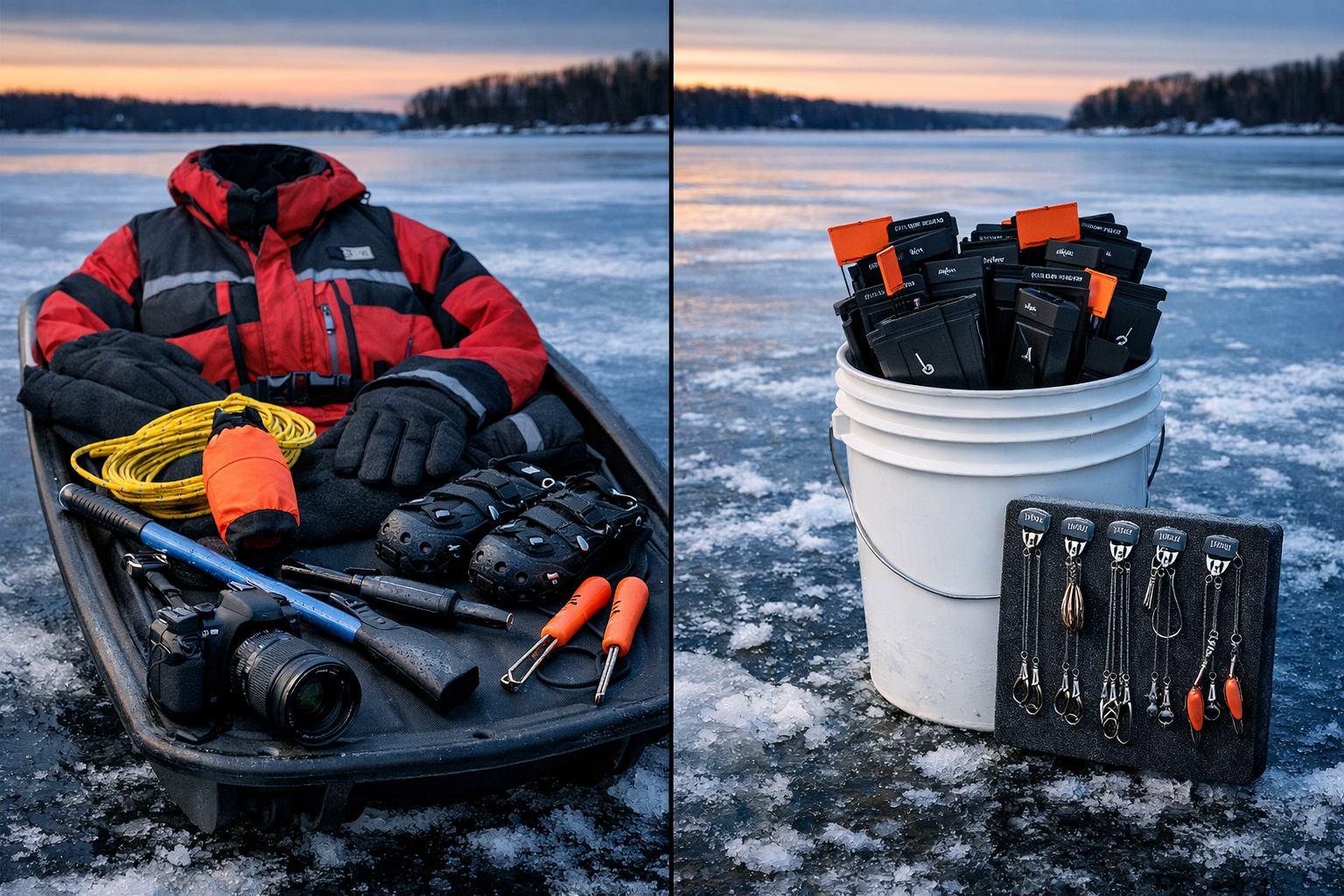 Professional , split-scene style but purely visual with no labels, one side shows safe early-ice gear laid out neatly on
