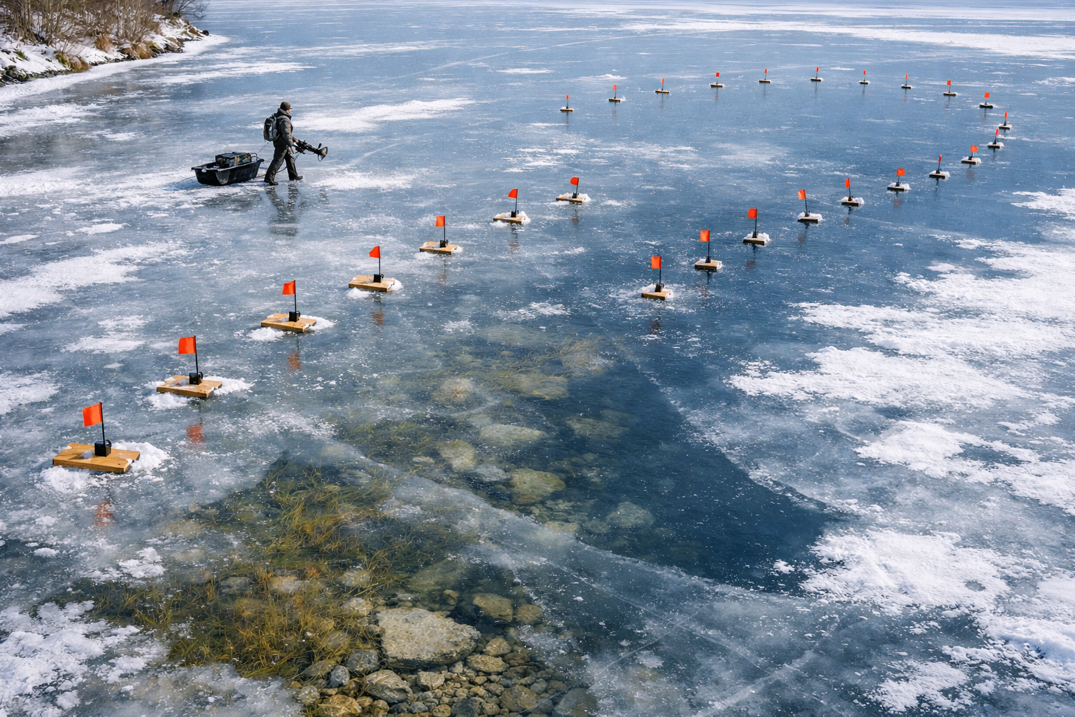 Professional , wide aerial oblique view over a frozen lake shoreline showing a tactical line of tip-ups arranged from 3 to 5