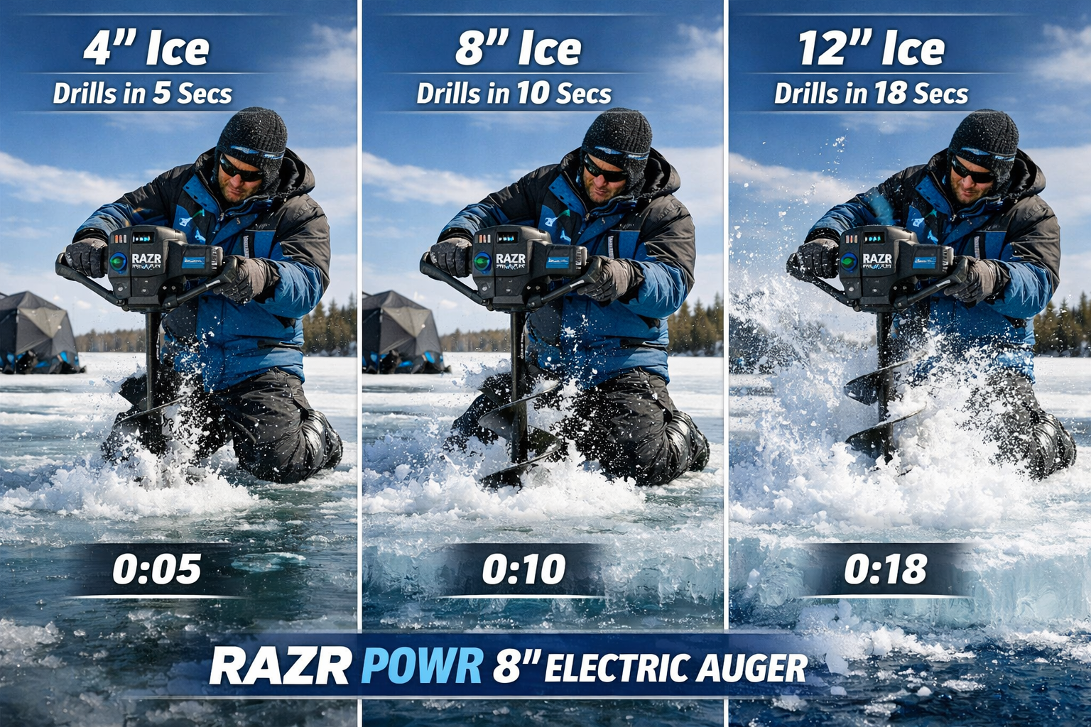 Real Ice Conditions performance image: Dynamic action sequence showing RAZR Powr 8-Inch Electric Auger cutting through