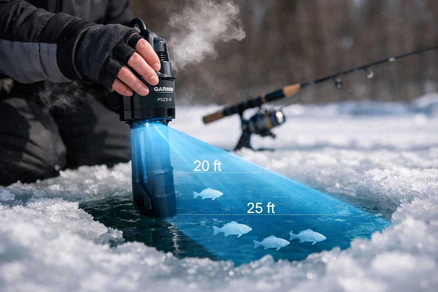 Side-angle editorial photograph of angler's hands holding Garmin Panoptix PS22-IF transducer being lowered into an ice