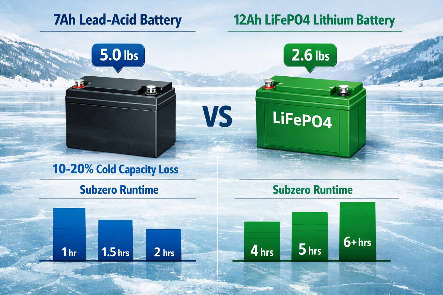 Side-by-side comparison infographic showing a traditional 7Ah lead-acid battery versus a modern 12Ah LiFePO4 lithium battery