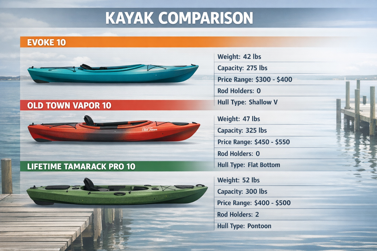 Side-profile comparison illustration showing the Evoke 10 kayak hull next to the Old Town Vapor 10 and Lifetime Tamarack Pro