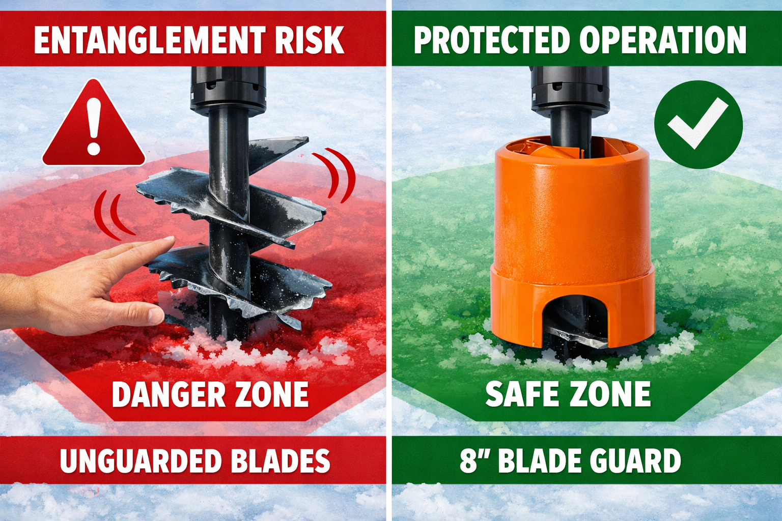 Split-panel () infographic-style illustration showing LEFT side: a hand reaching toward unguarded spinning auger blades with