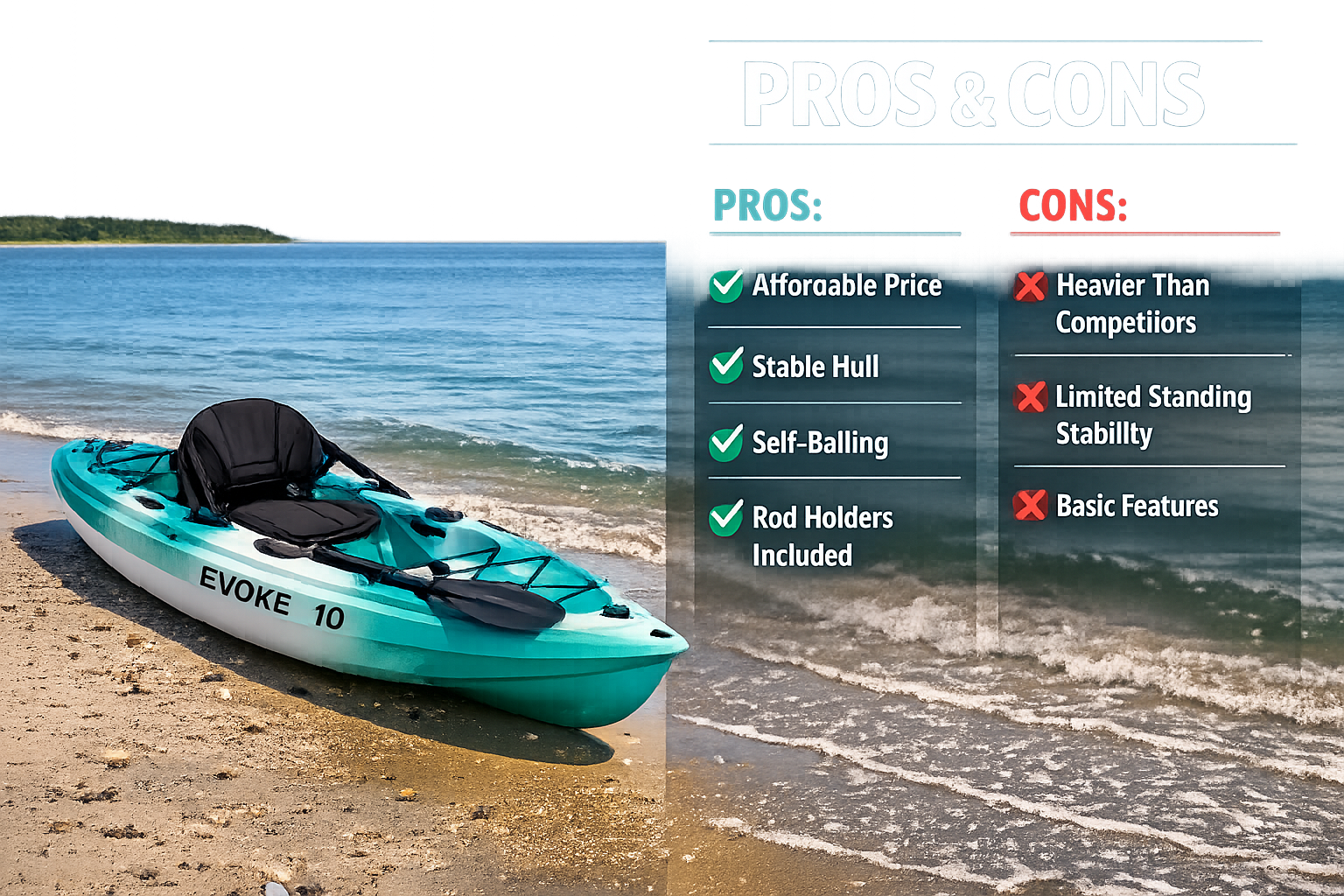 Split-scene image: left side shows the Evoke 10 kayak beached on a sandy coastal shoreline with calm inshore water, right