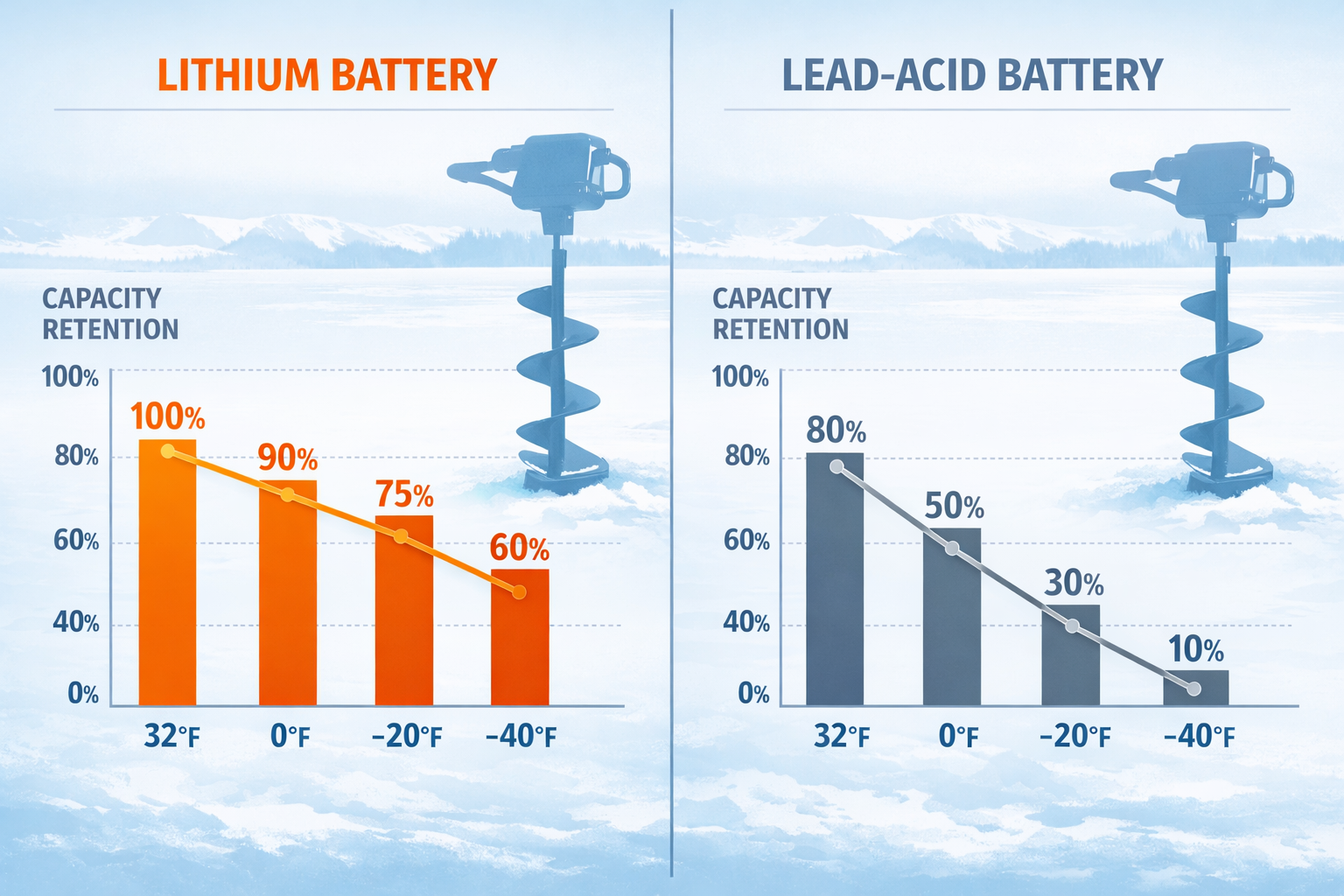 Split-screen infographic illustration showing runtime performance graphs for lithium vs lead-acid batteries at temperatures