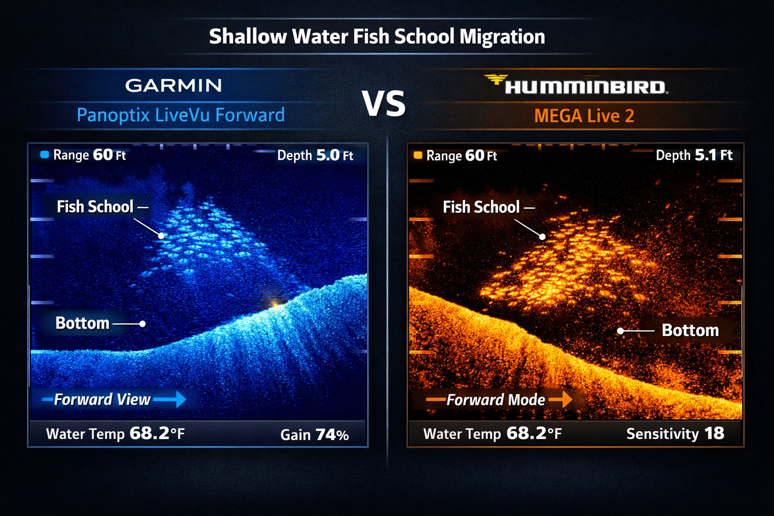 Split-screen infographic style image showing side-by-side comparison of Garmin Panoptix LiveVu Forward sonar return versus