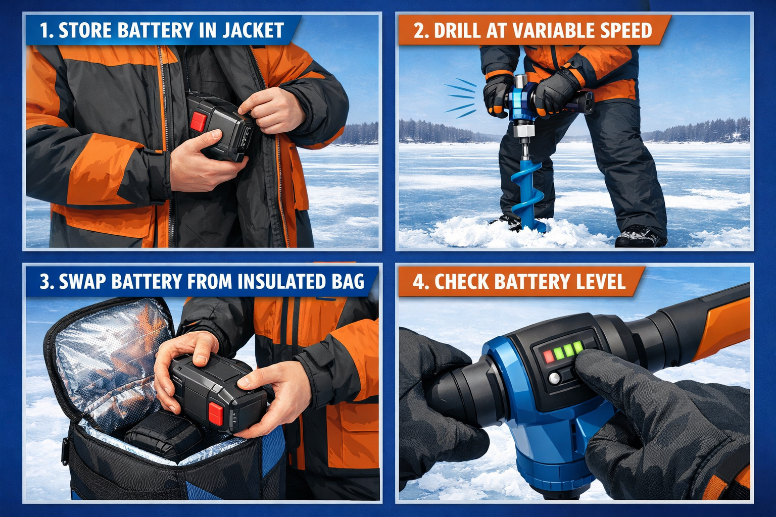 Don’t Let Your Battery Die! Maximizing Battery Life in Sub-Zero Temps | 2026 Survival Guide for 8-Inch Electric Augers | Fish On Yak Step-by-step infographic-style editorial image showing four panels: panel 1 storing battery in jacket, panel 2 drilling at