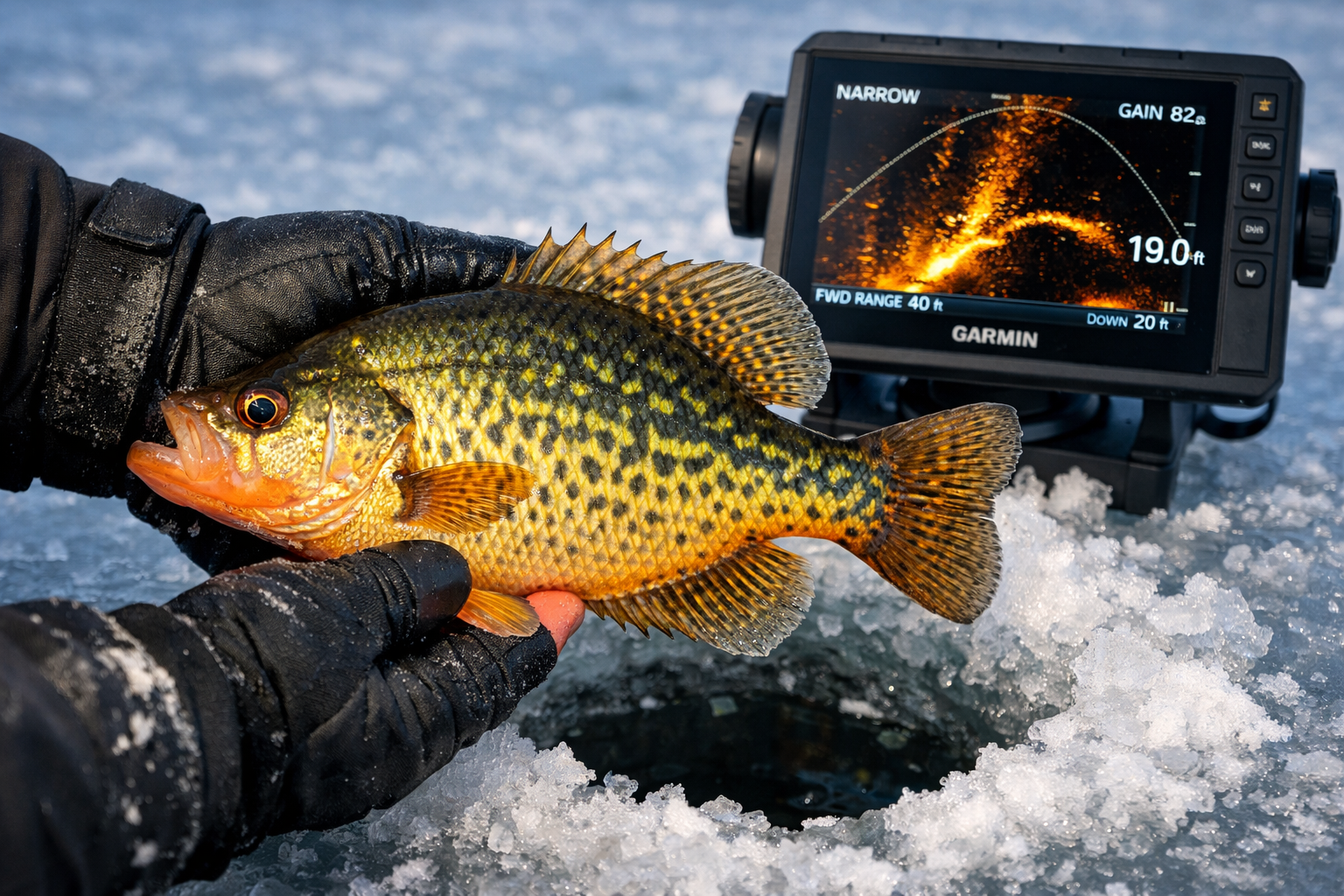 Tight action shot of gloved hands holding a landed crappie above an ice hole, Garmin fishfinder screen visible in background